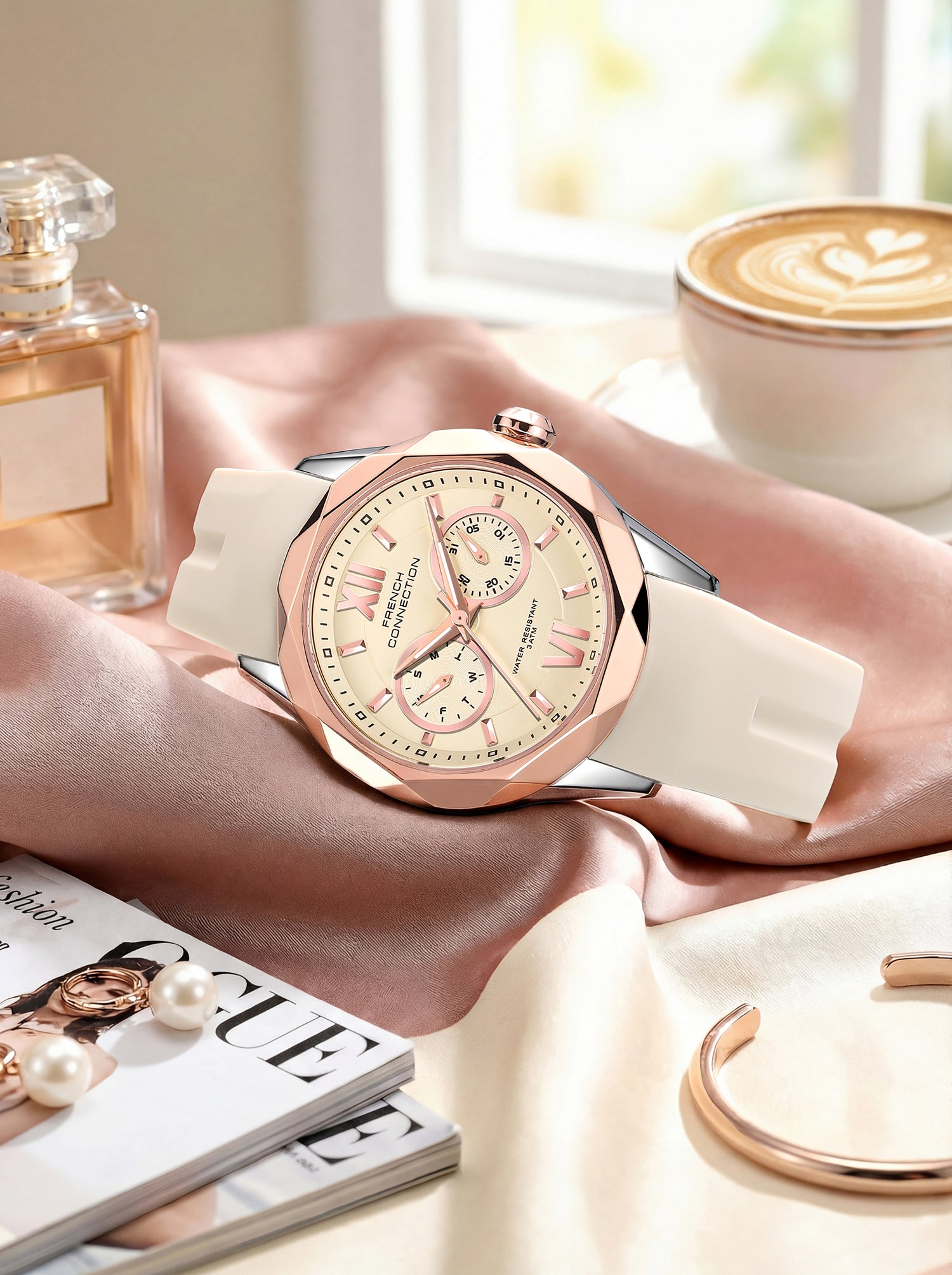 French Connection Octyra | Multi-Function | White Dial | Beige Silicone Strap | Watch for Women - FCD6G
