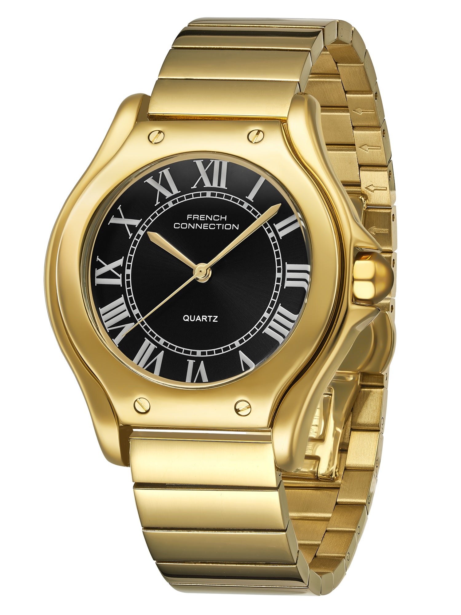 French Connection Visage | Molded Case | Black Dial with Roman Indices | Gold Stainless Steel Strap | Watch for Men - FCD7BGM