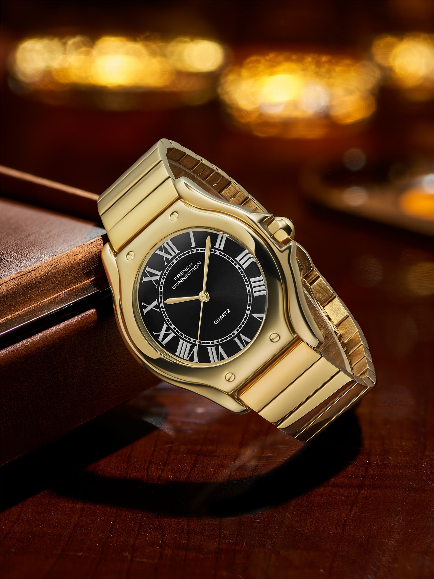 French Connection Visage | Molded Case | Black Dial with Roman Indices | Gold Stainless Steel Strap | Watch for Men - FCD7BGM