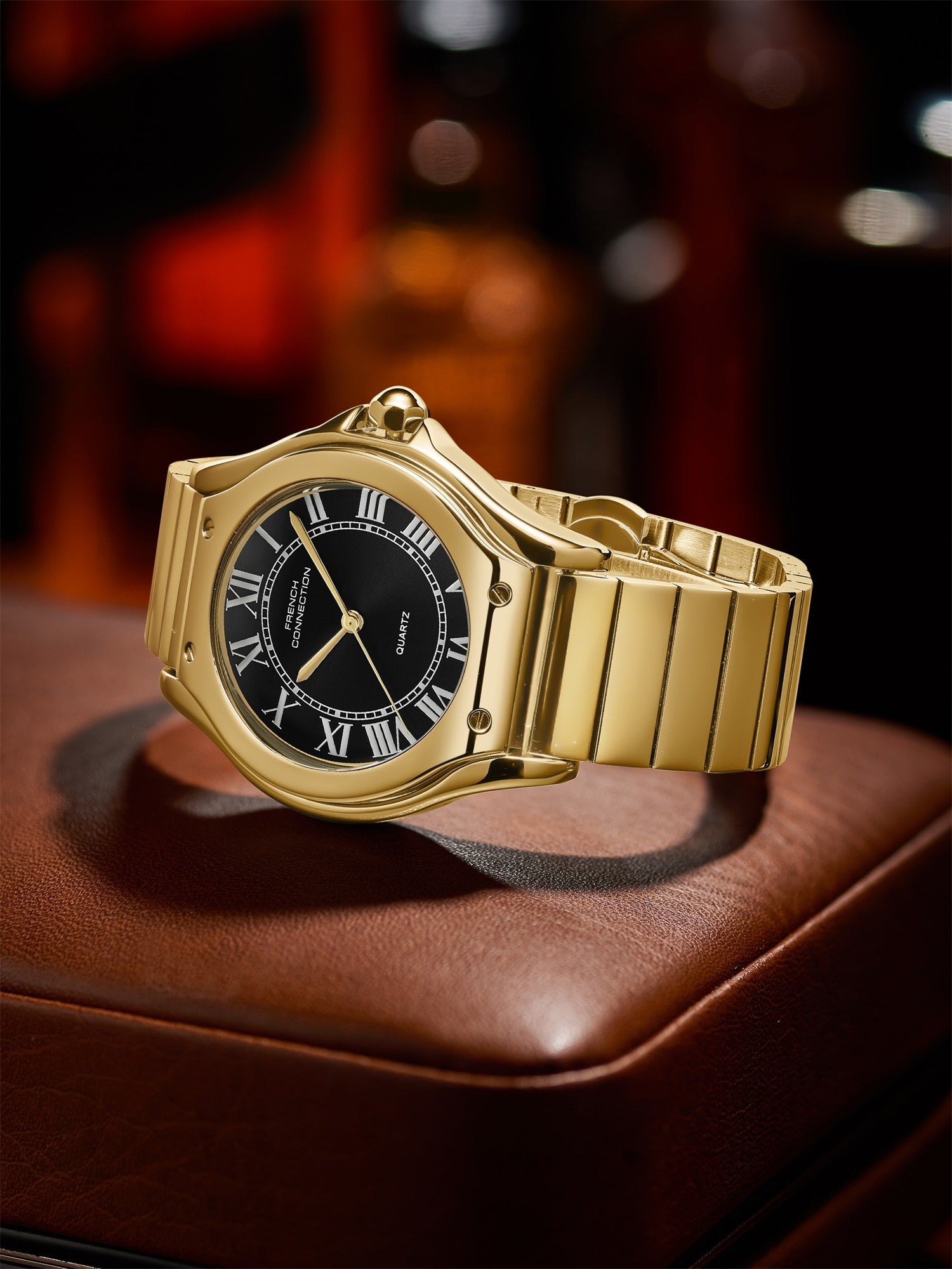 French Connection Visage | Molded Case | Black Dial with Roman Indices | Gold Stainless Steel Strap | Watch for Men - FCD7BGM