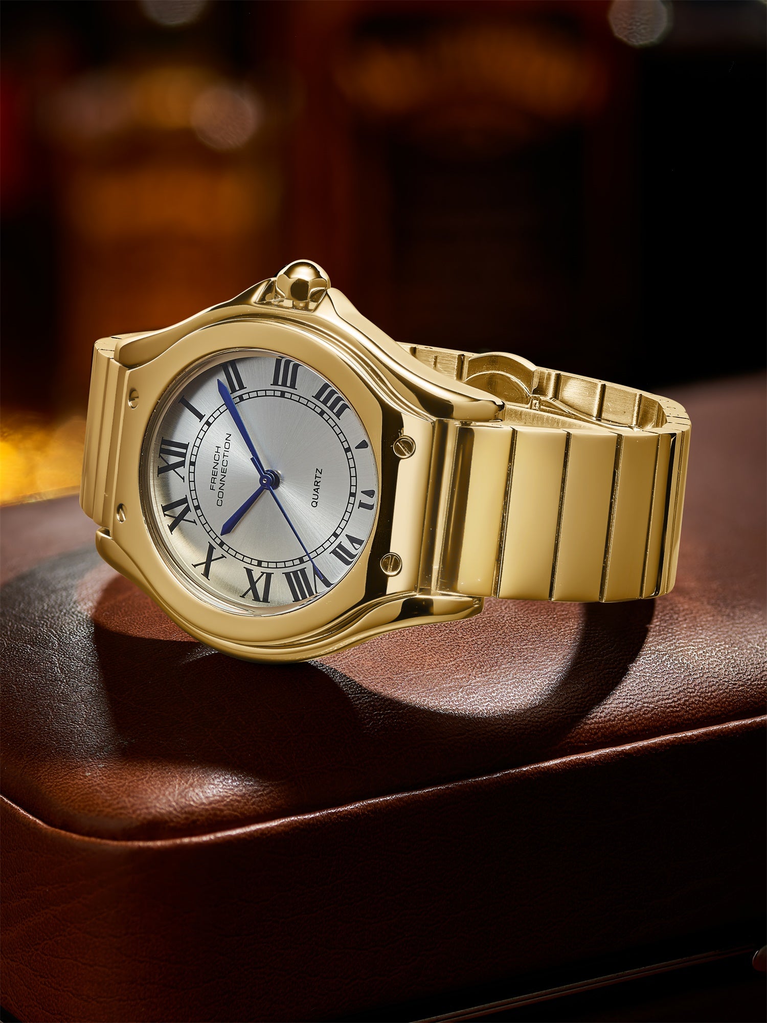 French Connection Visage | Molded Case | White Dial with Roman Indices | Gold Stainless Steel Strap | Watch for Men - FCD7SGM