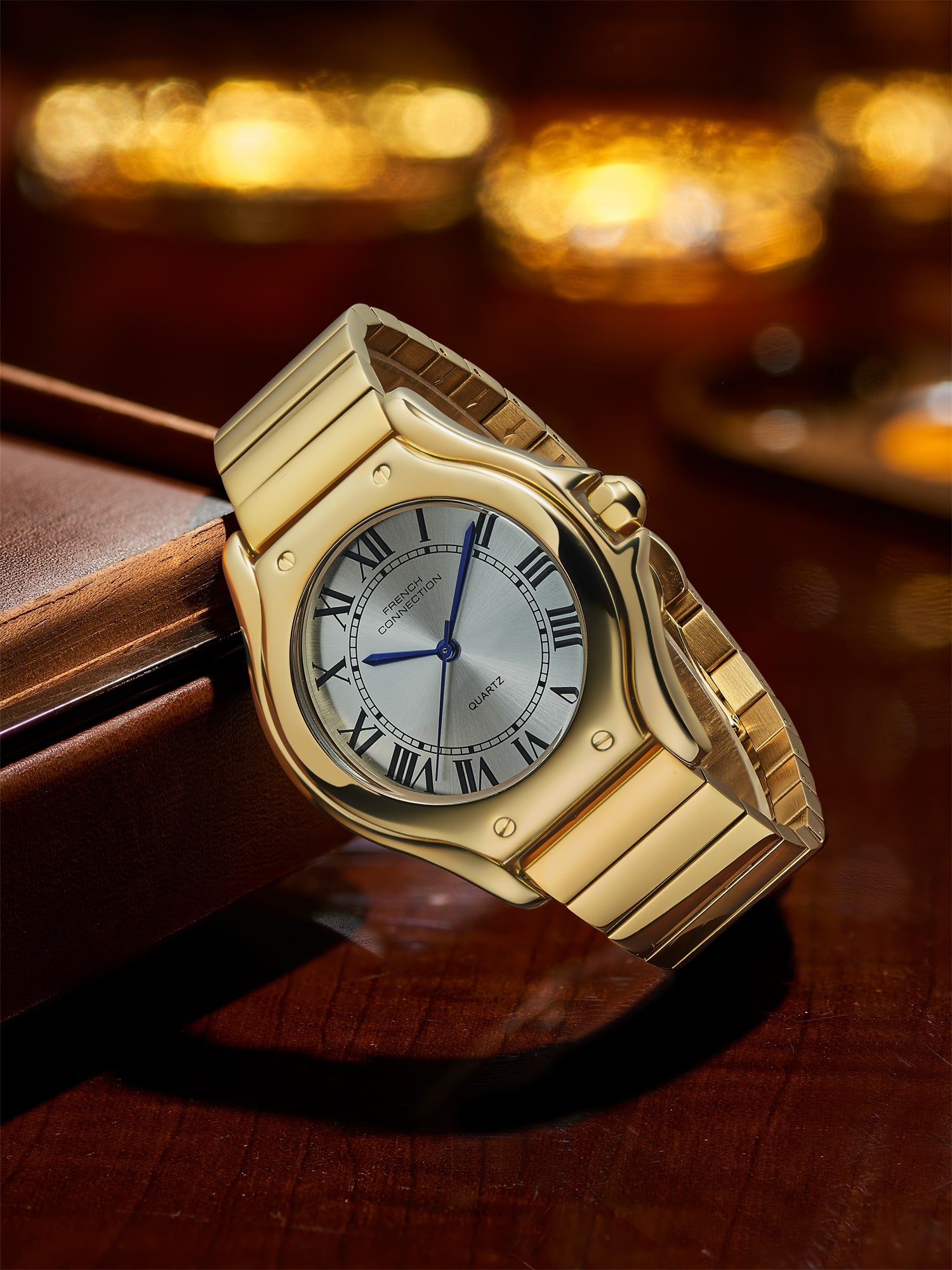 French Connection Visage | Molded Case | White Dial with Roman Indices | Gold Stainless Steel Strap | Watch for Men - FCD7SGM