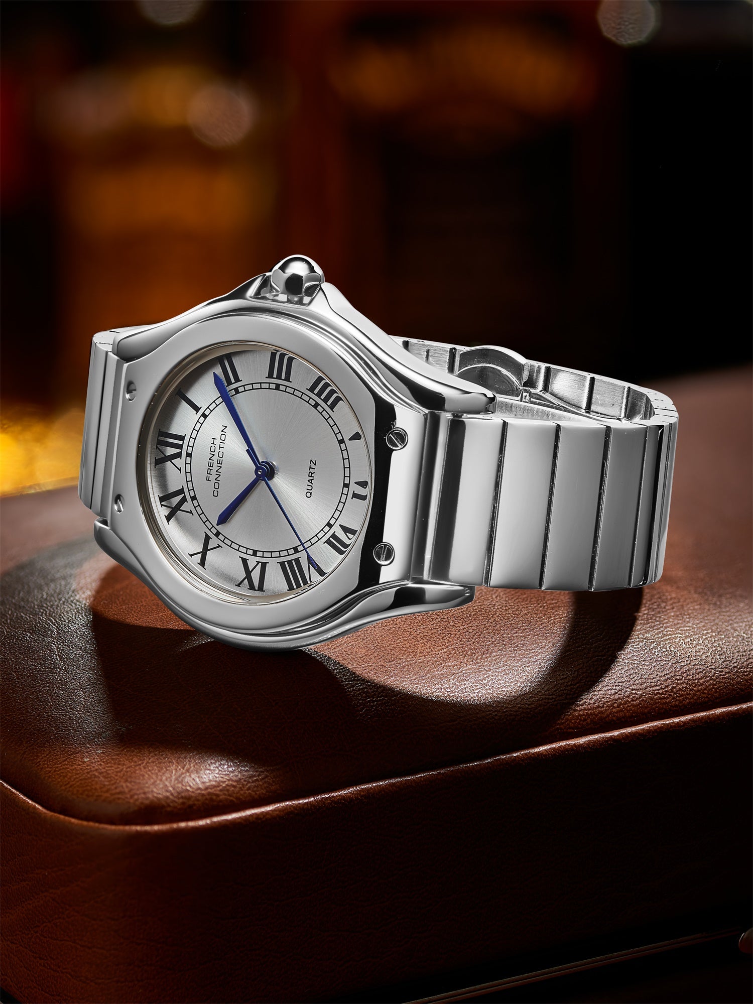 French Connection Visage | Molded Case | White Dial with Roman Indices | Silver Stainless Steel Strap | Watch for Men - FCD7SM