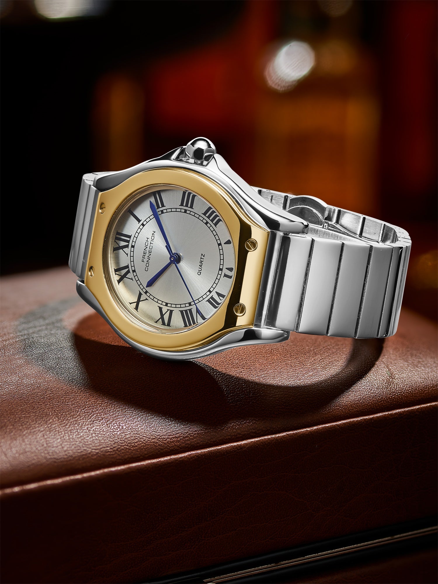 French Connection Visage | Molded Two-Tone Case | White Dial with Roman Indices | Silver Stainless Steel Strap | Watch for Men - FCD7STM