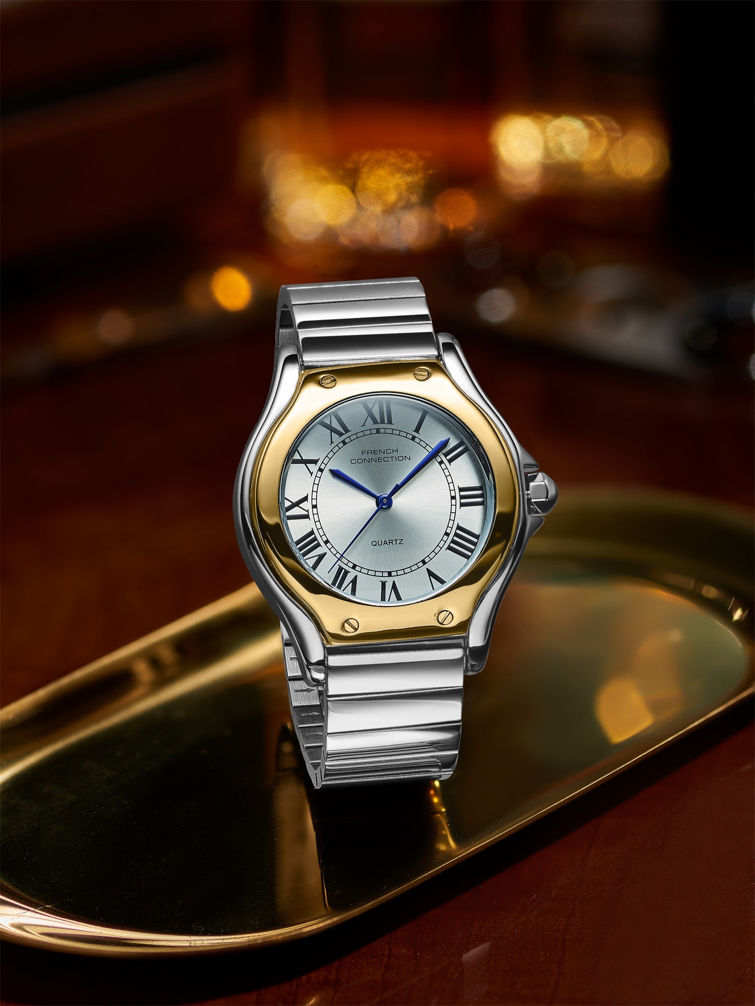 French Connection Visage | Molded Two-Tone Case | White Dial with Roman Indices | Silver Stainless Steel Strap | Watch for Men - FCD7STM