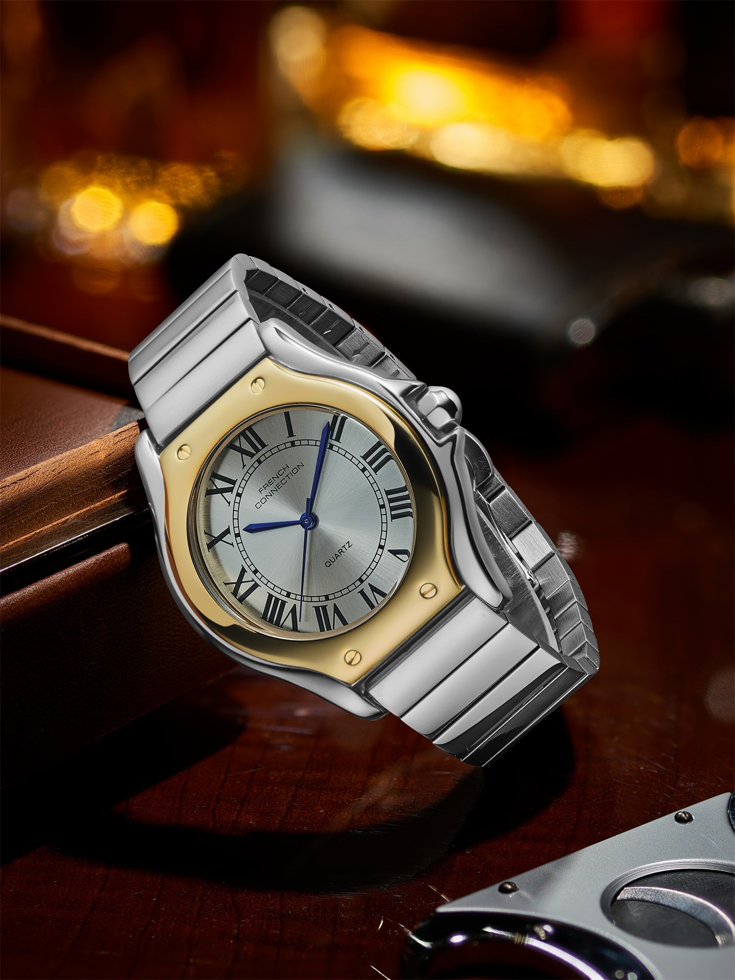 French Connection Visage | Molded Two-Tone Case | White Dial with Roman Indices | Silver Stainless Steel Strap | Watch for Men - FCD7STM