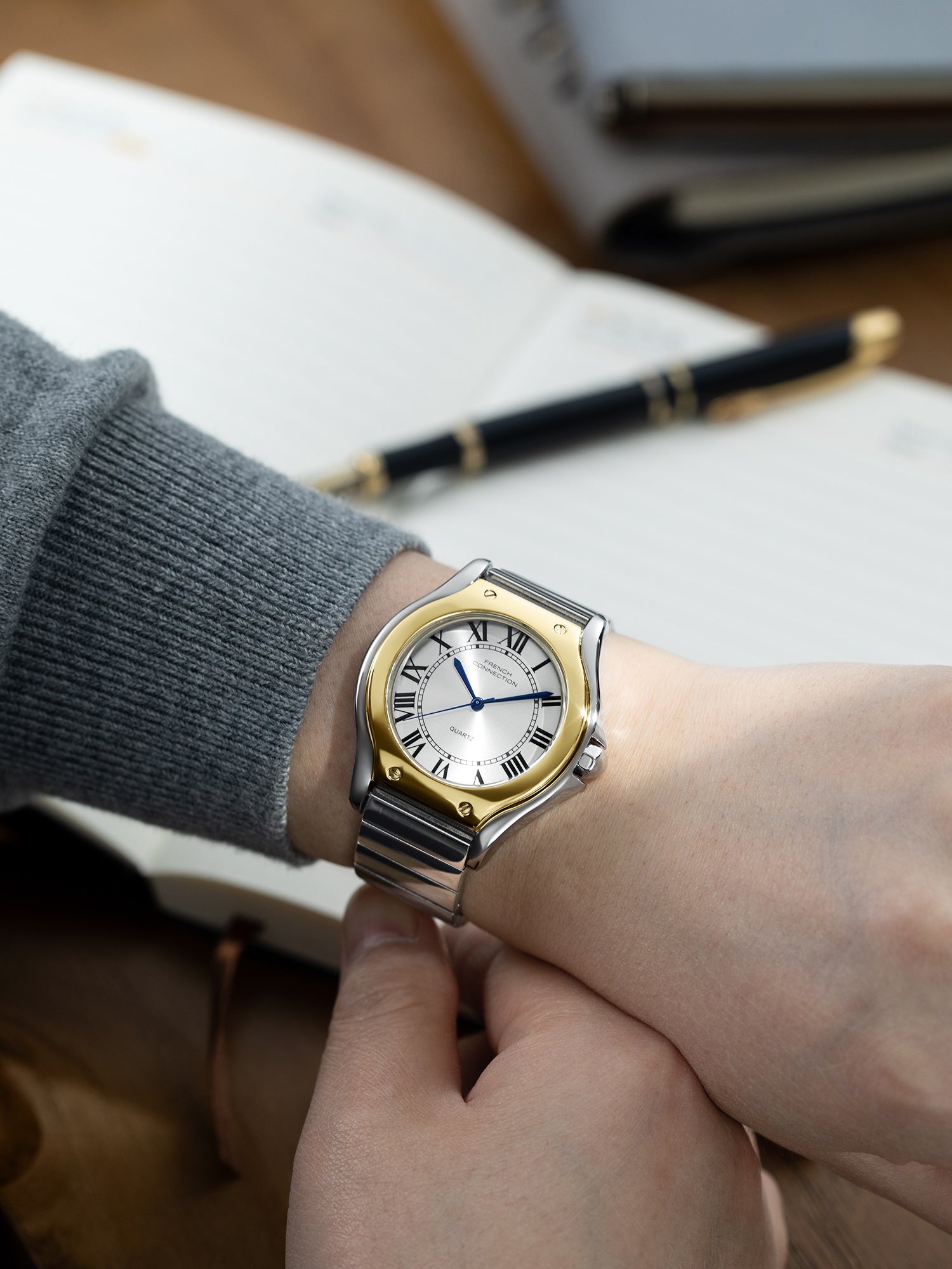 French Connection Visage | Molded Two-Tone Case | White Dial with Roman Indices | Silver Stainless Steel Strap | Watch for Men - FCD7STM