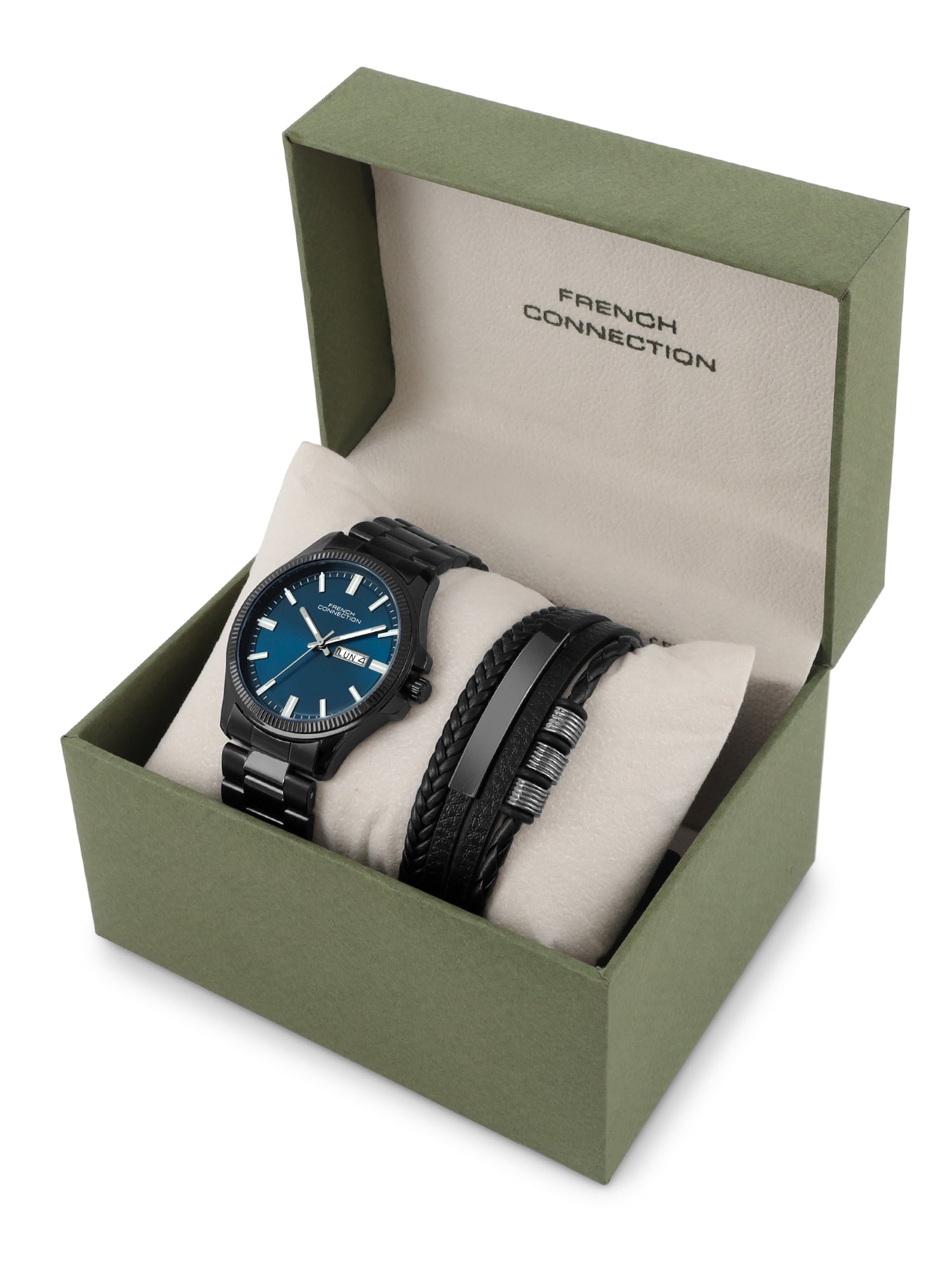 French Connection Men's Gift Set Watch with Blue Sunray Dial, Black Stainless Steel Bracelet & Matching Black Bracelet – FCGS01-A