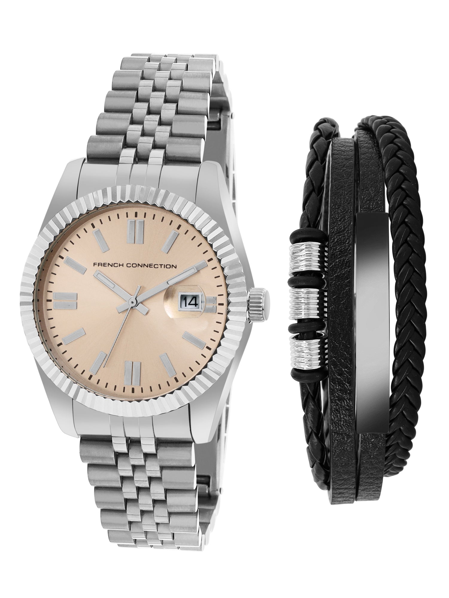 French Connection Men's Gift Set | Beige Sunray Analog Dial | Date Display | Silver Stainless Steel Strap & Bracelet Gift Set | Quartz Watch for Men - FCGS01-B