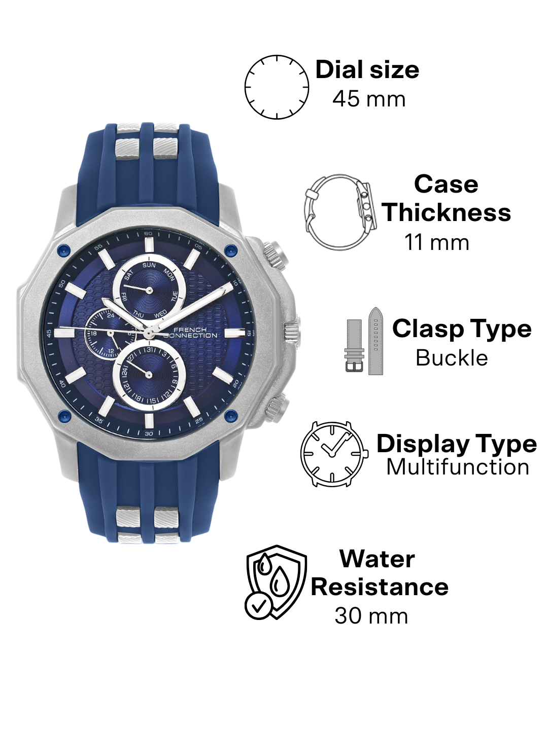 French Connection Blue Dial Multifunction Watch for Men's - FCH15UL