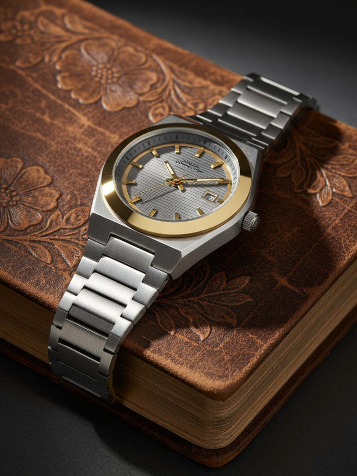 French Connection Textured Grey Round Dial With Stainless Steel Strap Watch - For Mens FCH22TM