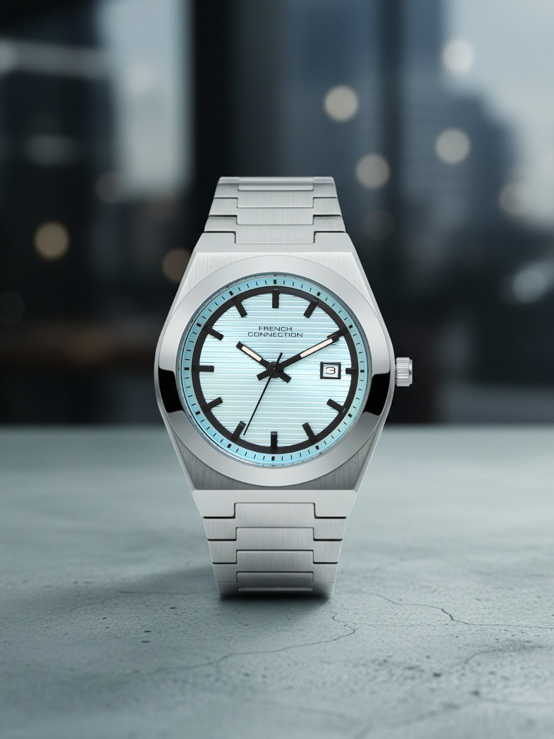 French Connection Textured Blue Round Dial With Stainless Steel Strap Watch - For Mens FCH22USM