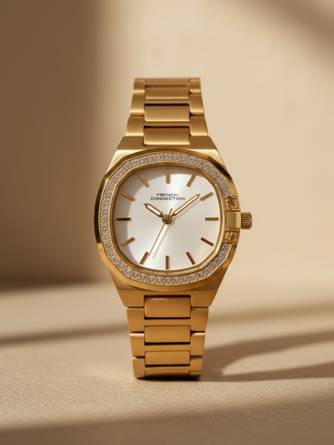 French Connection Mop White Round Dial With Gold Stainless Steel Strap Watch - For Womens FCH23GM