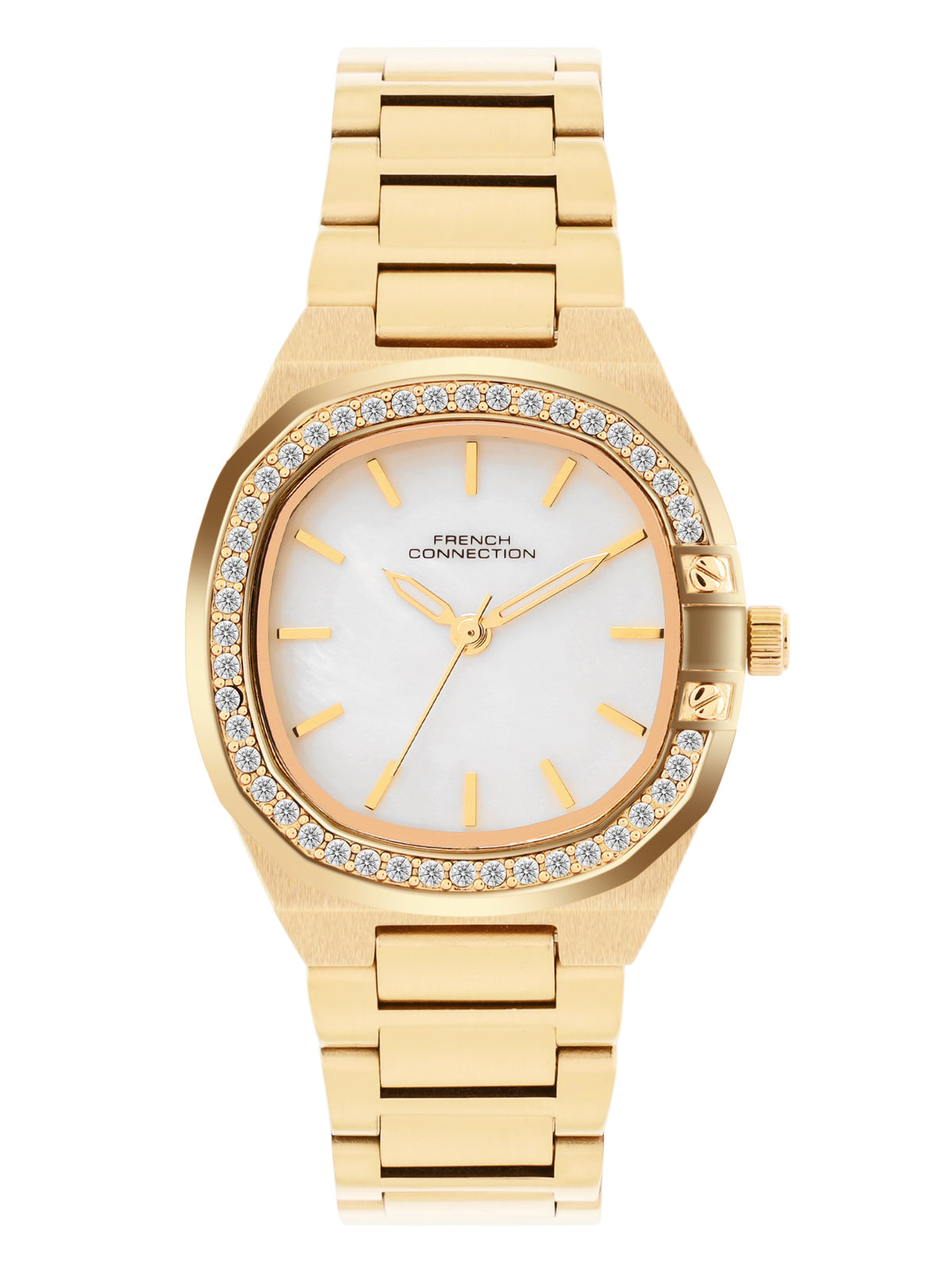 French Connection Mop White Round Dial With Gold Stainless Steel Strap Watch - For Womens FCH23GM