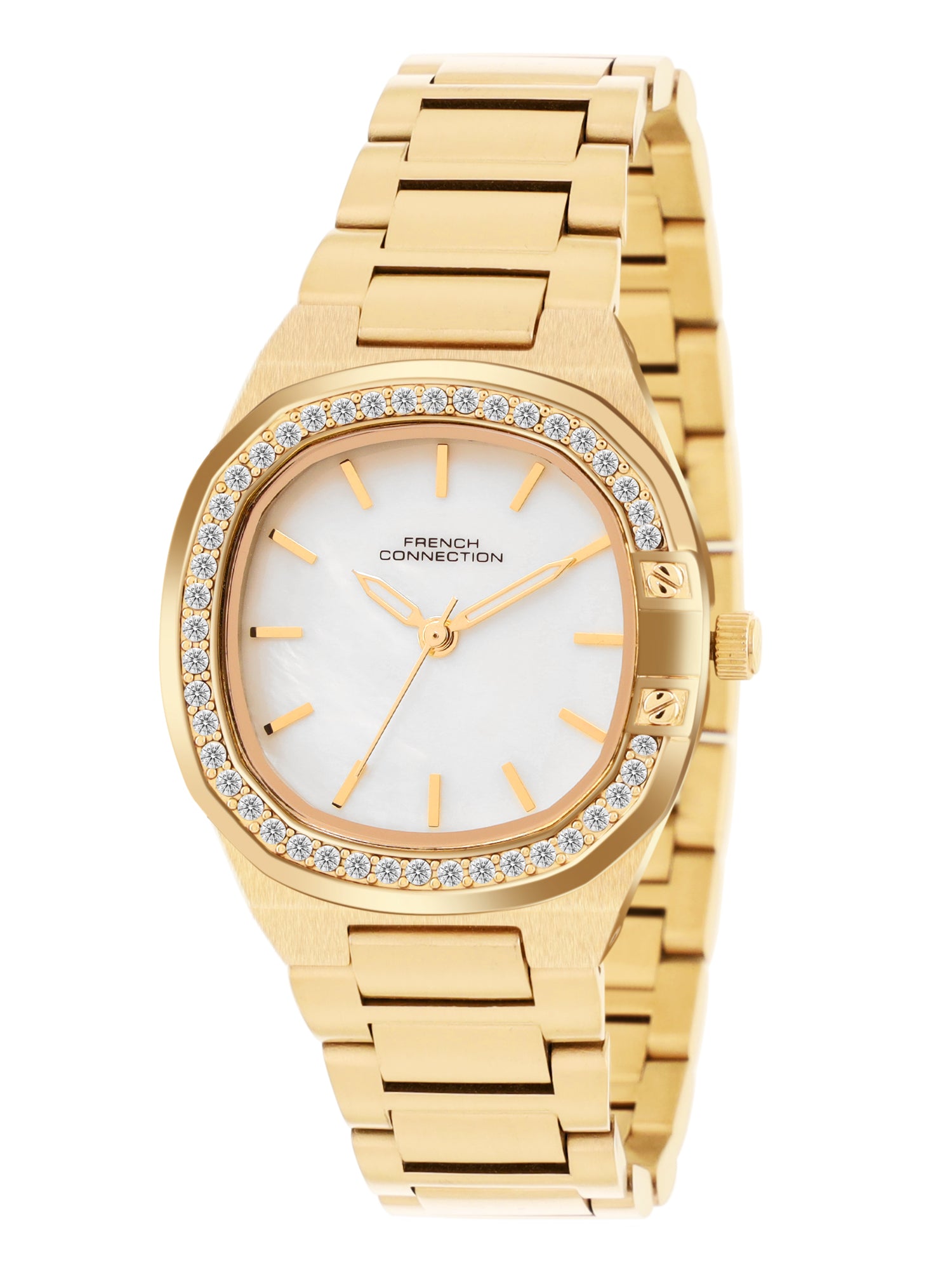 French Connection Mop White Round Dial With Gold Stainless Steel Strap Watch - For Womens FCH23GM