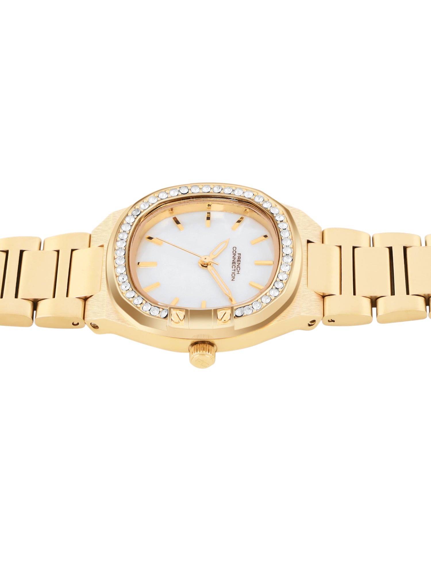 French Connection Mop White Round Dial With Gold Stainless Steel Strap Watch - For Womens FCH23GM