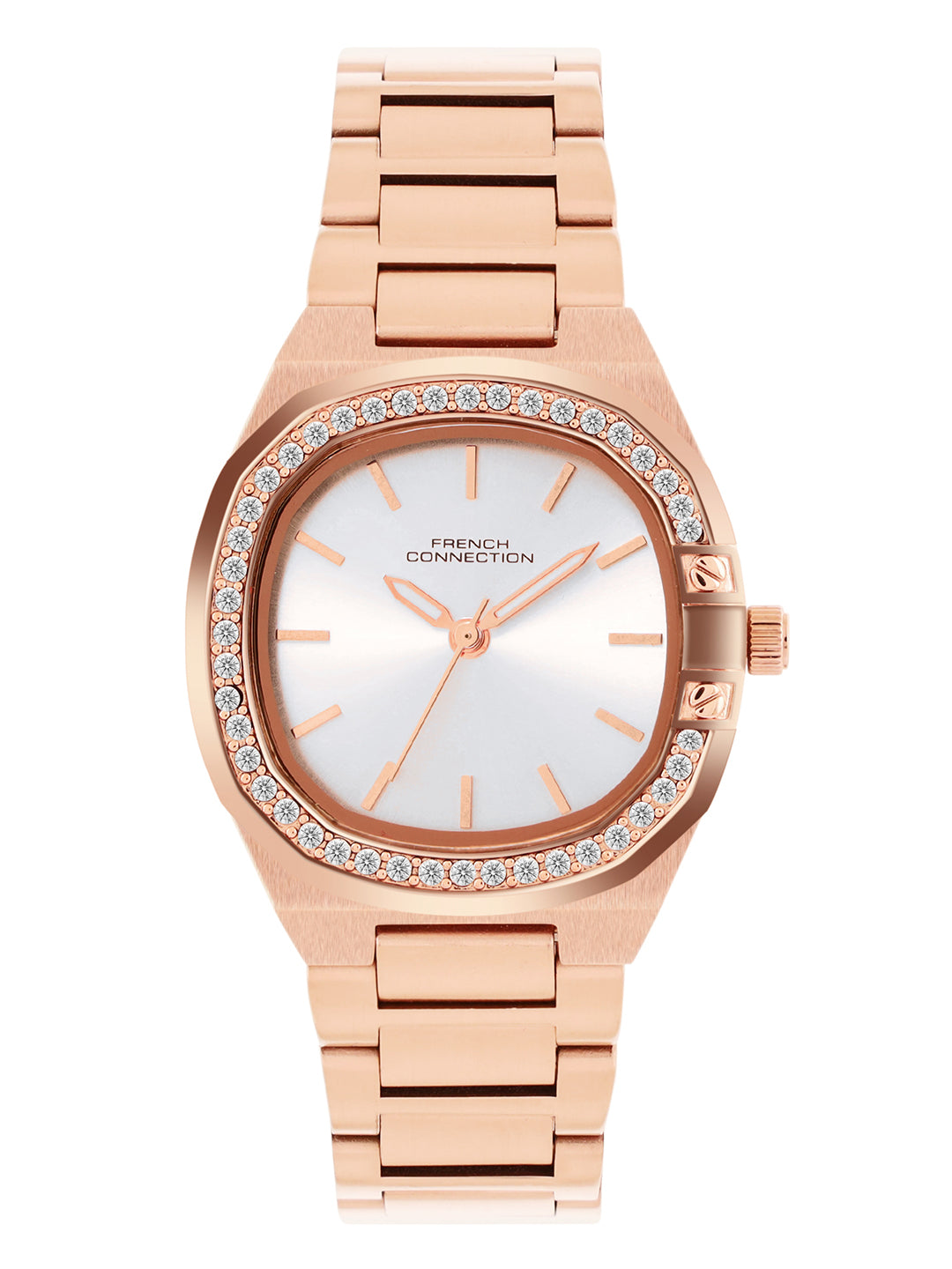 French Connection Sunray Silver Round Dial With Rose Stainless Steel Strap Watch - For Womens FCH23RGM