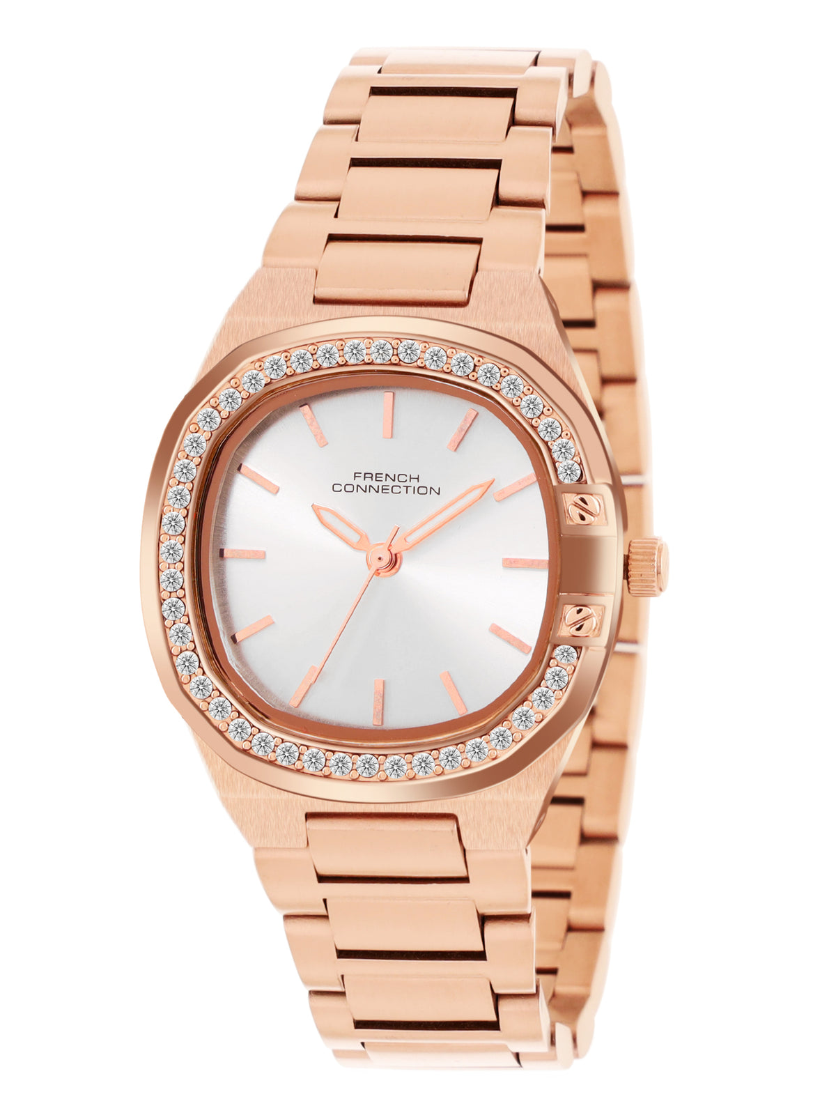 French Connection Sunray Silver Round Dial With Rose Stainless Steel Strap Watch - For Womens FCH23RGM