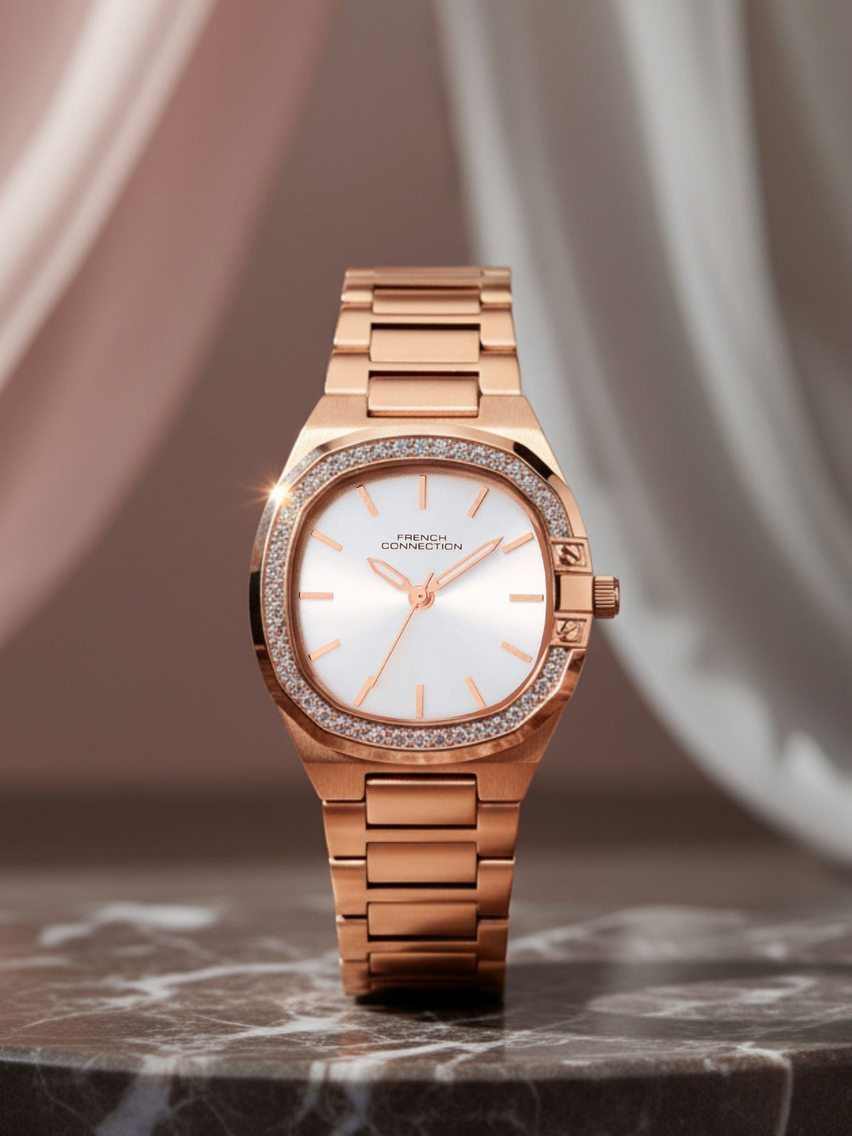 French Connection Sunray Silver Round Dial With Rose Stainless Steel Strap Watch - For Womens FCH23RGM