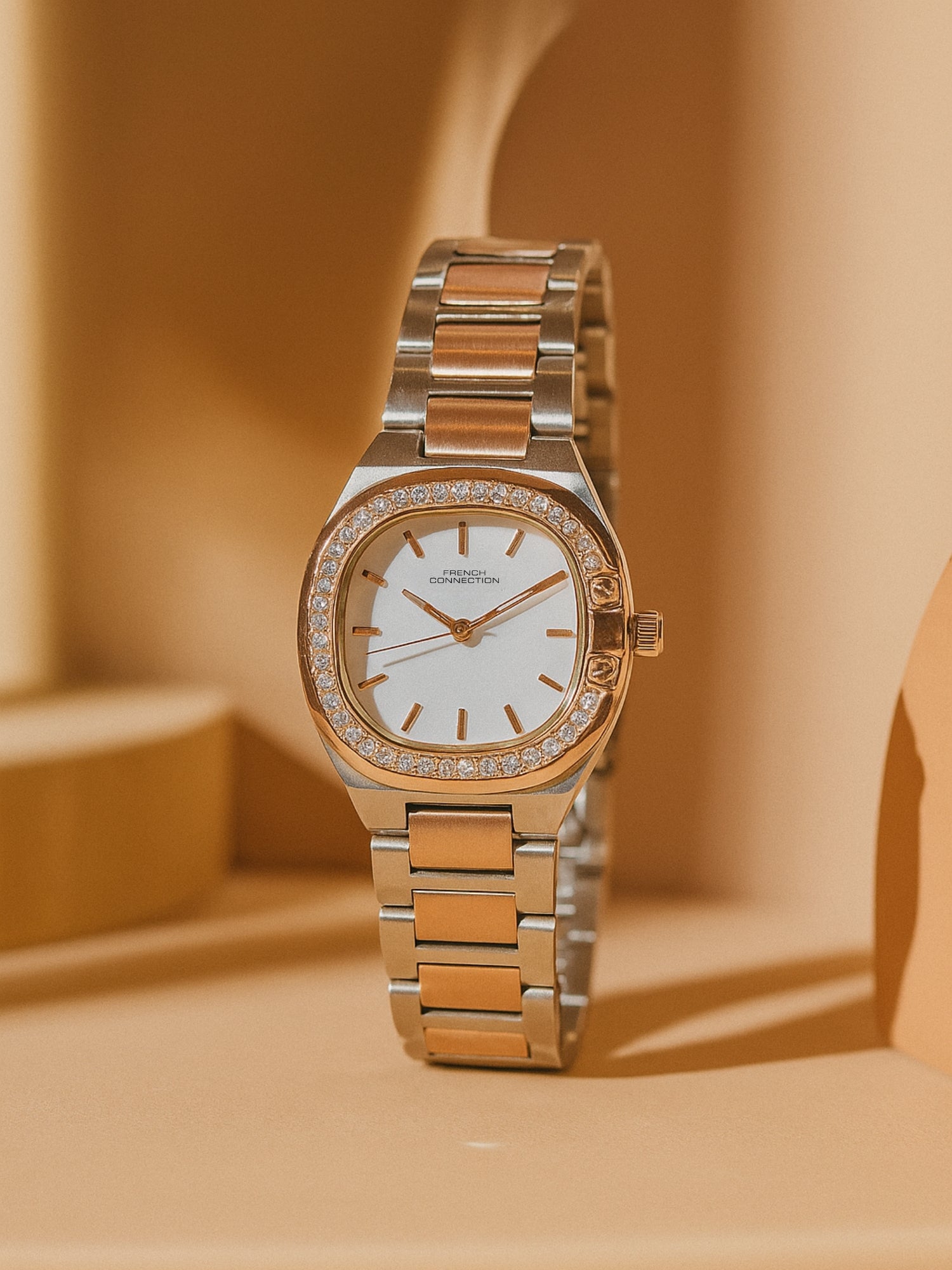 French Connection Mop White Round Dial With Rose Two Tone Stainless Steel Strap Watch - For Womens FCH23RTM
