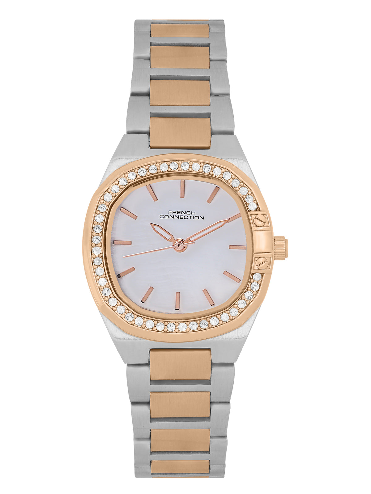 French Connection Mop White Round Dial With Rose Two Tone Stainless Steel Strap Watch - For Womens FCH23RTM