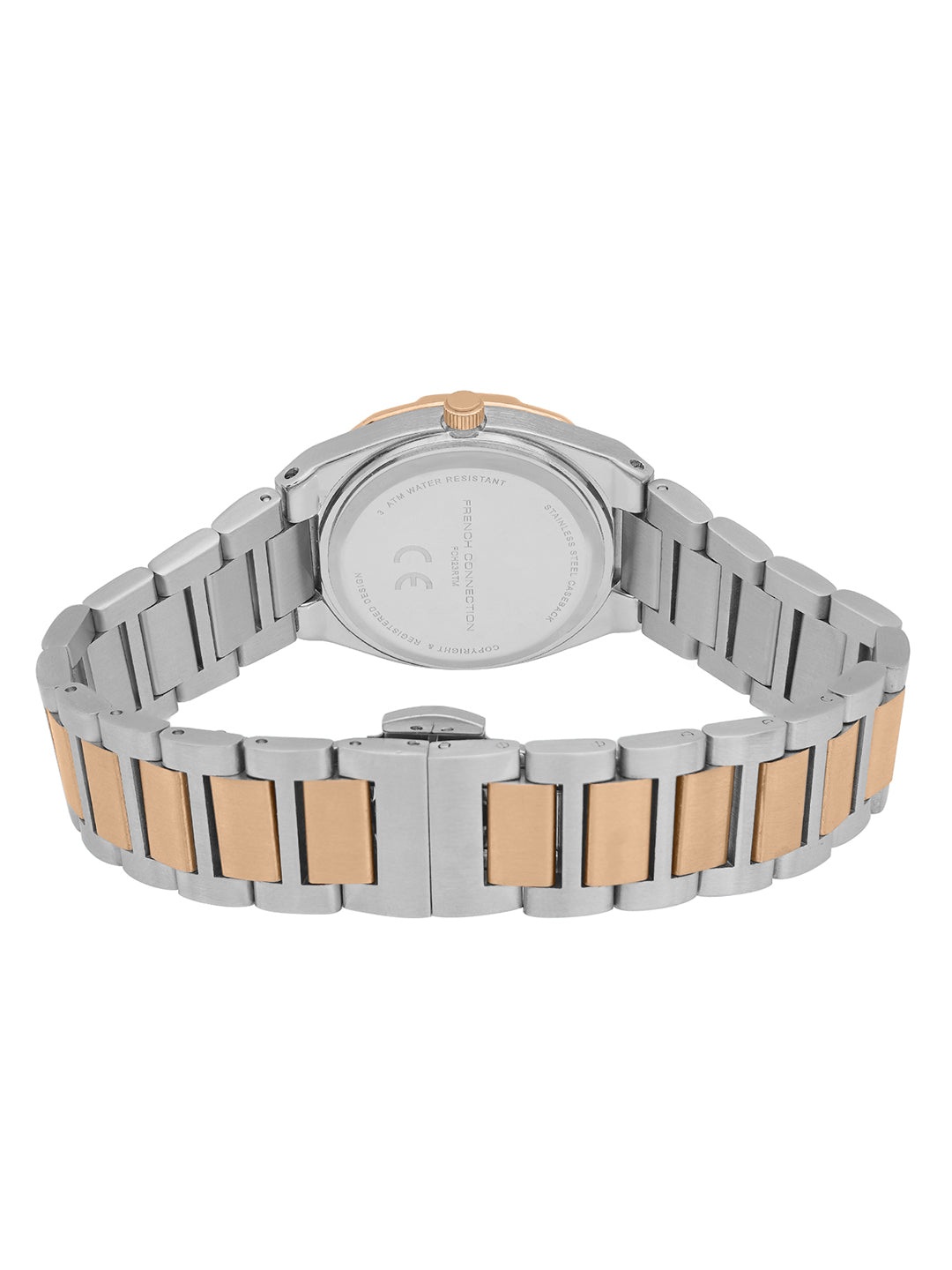 French Connection Mop White Round Dial With Rose Two Tone Stainless Steel Strap Watch - For Womens FCH23RTM