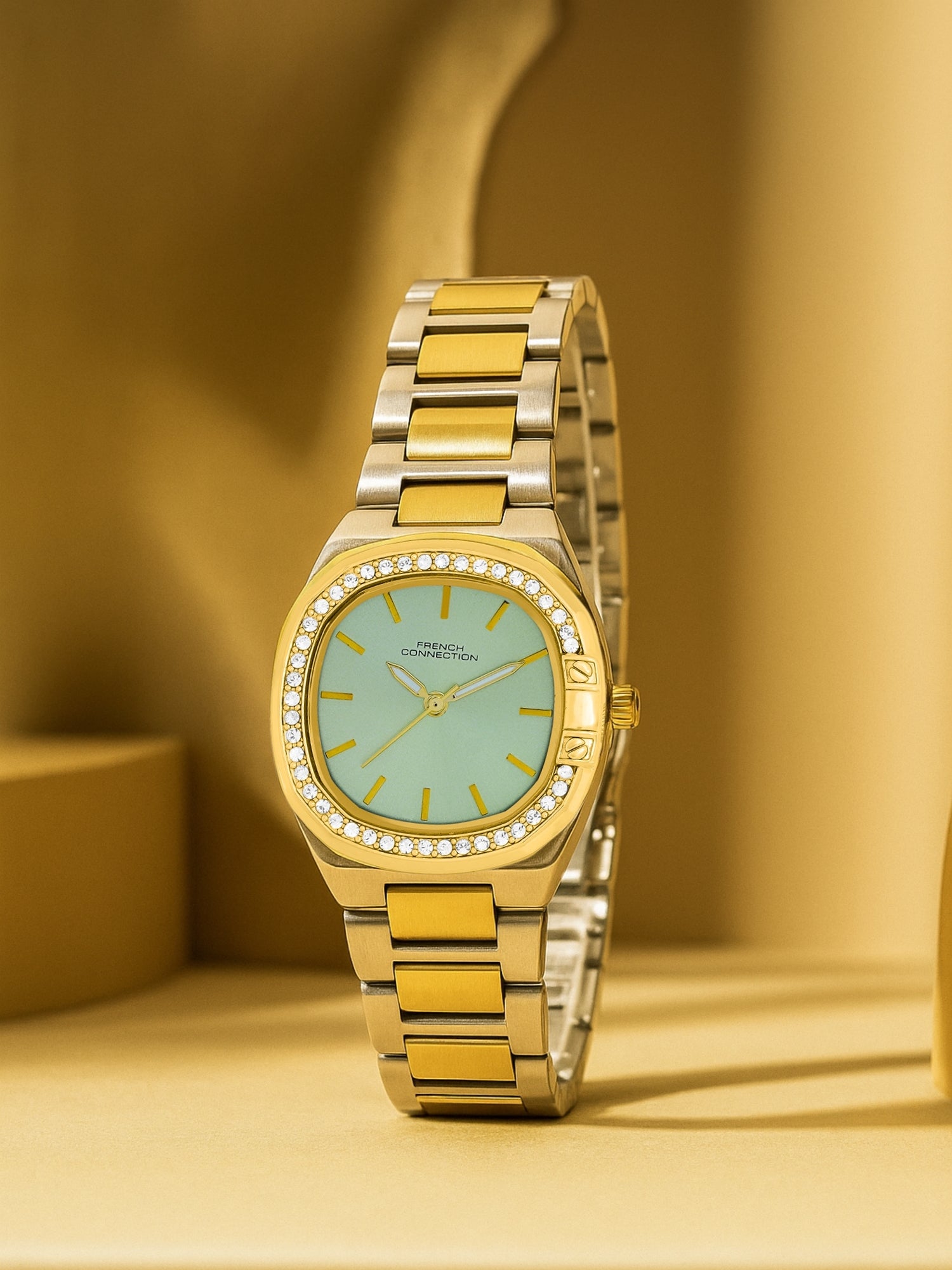 French Connection Sunray Green Round Dial With Gold Two Tone Stainless Steel Strap Watch - For Womens FCH23TM