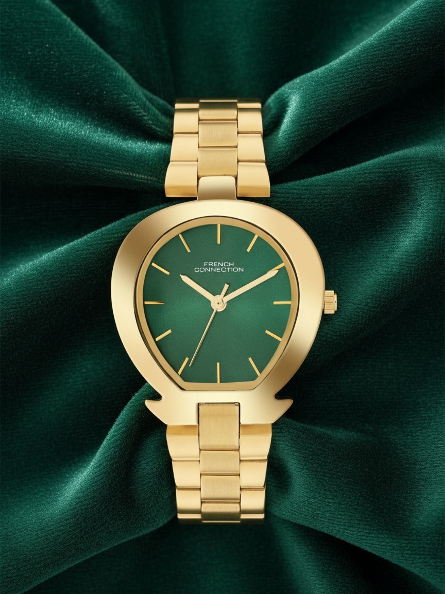 French Connection Sunray Green Round Dial With Gold Stainless Steel Strap Watch - For Womens FCH24NGM