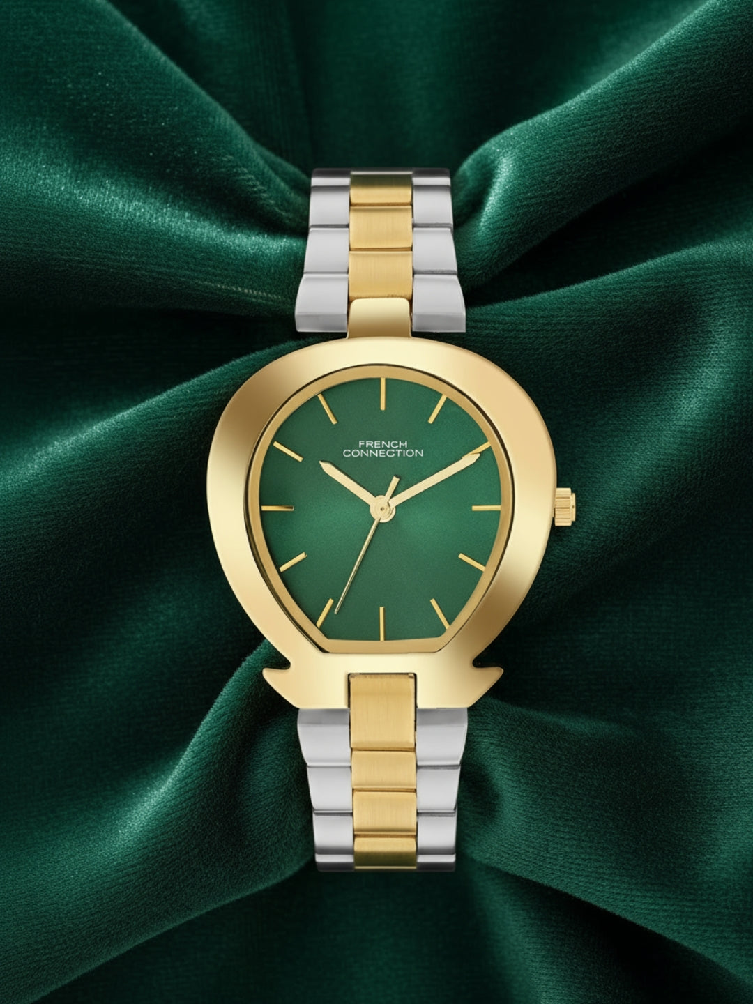 French Connection Sunray Green Round Dial With Gold Two Tone Stainless Steel  Strap Watch - For Womens FCH24NTM