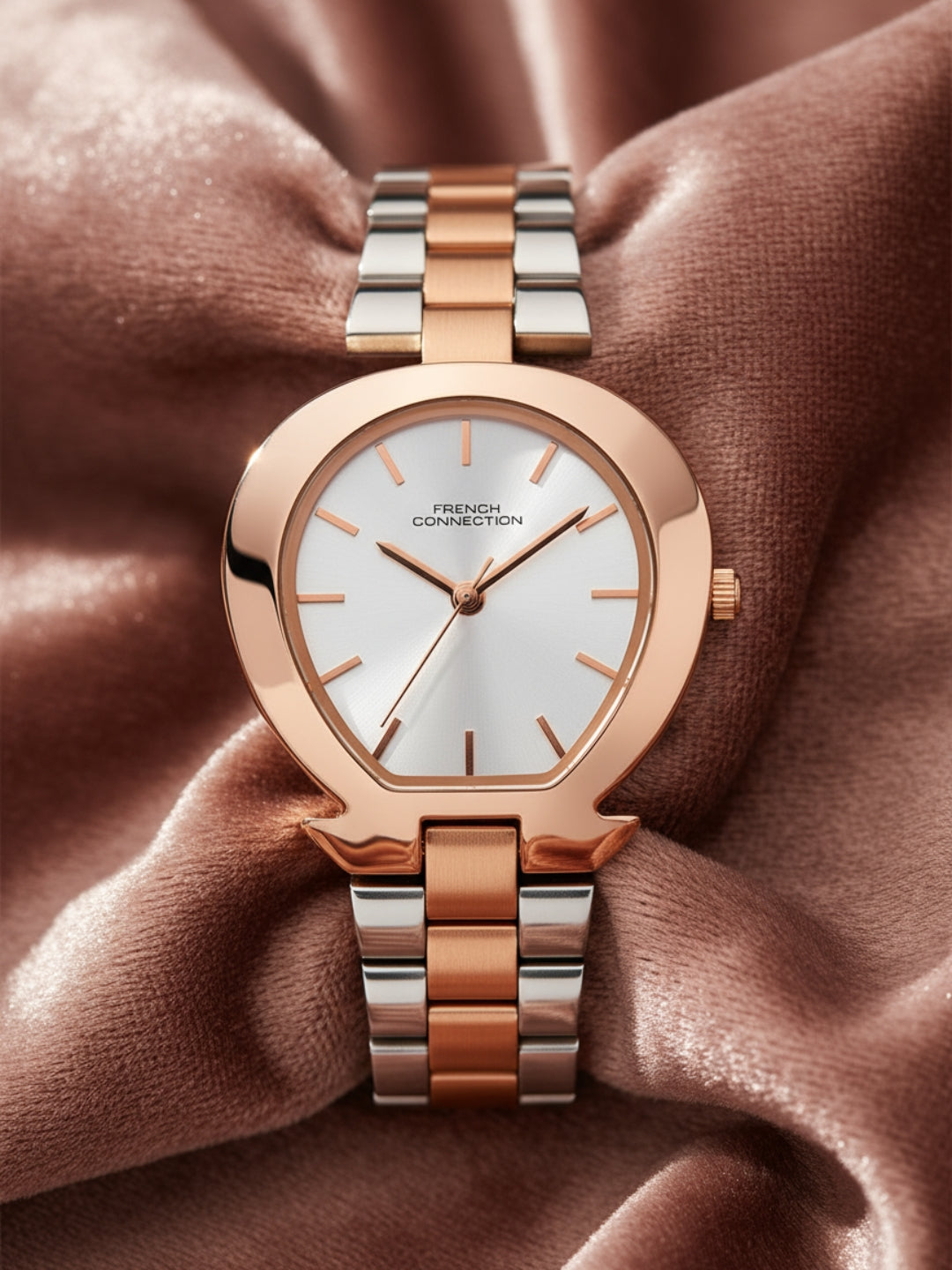 French Connection Sunray Silver Round Dial With Rose Two Tone Stainless Steel Strap Watch - For Womens FCH24SRTM