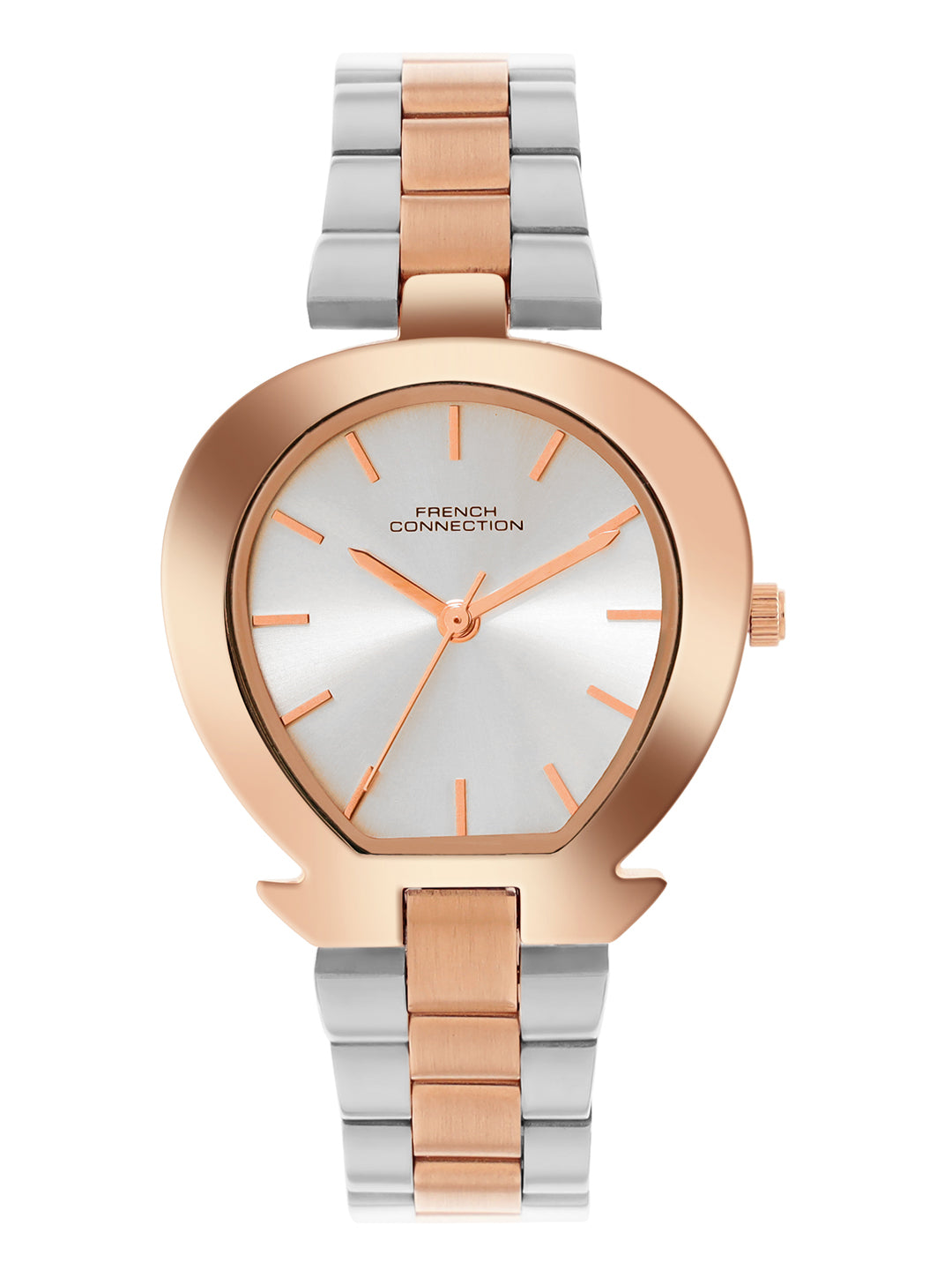 French Connection Sunray Silver Round Dial With Rose Two Tone Stainless Steel Strap Watch - For Womens FCH24SRTM