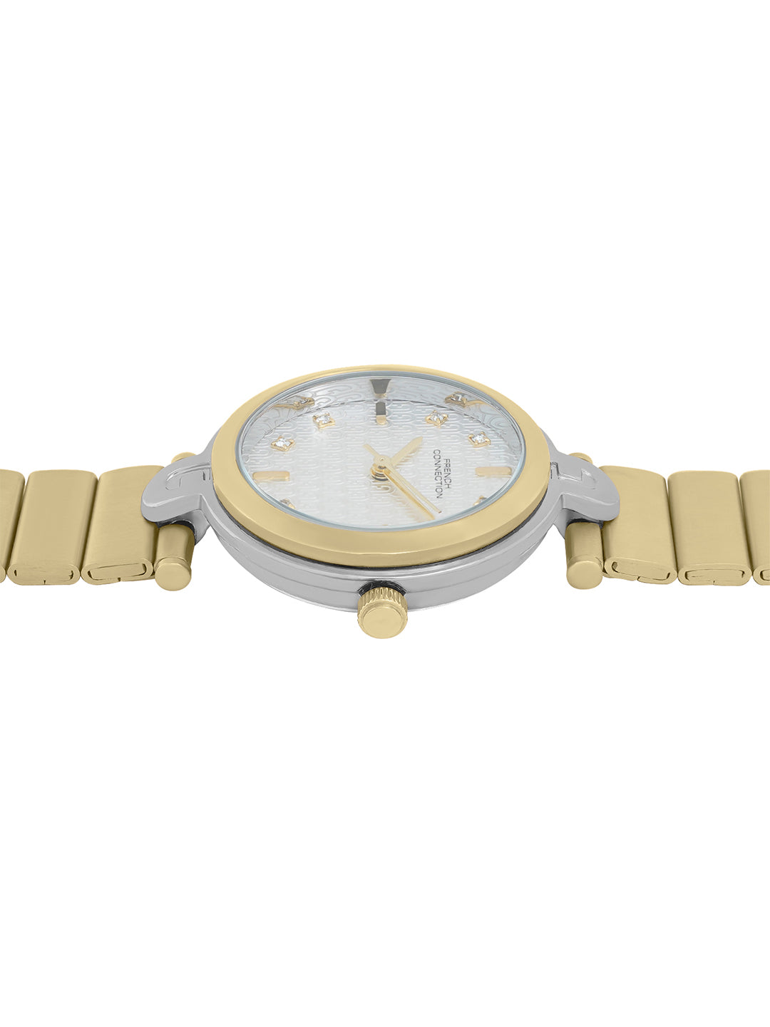 French Connection Textured Silver Round Dial With  Gold Stainless Steel  Strap Watch - For Womens FCH25GM