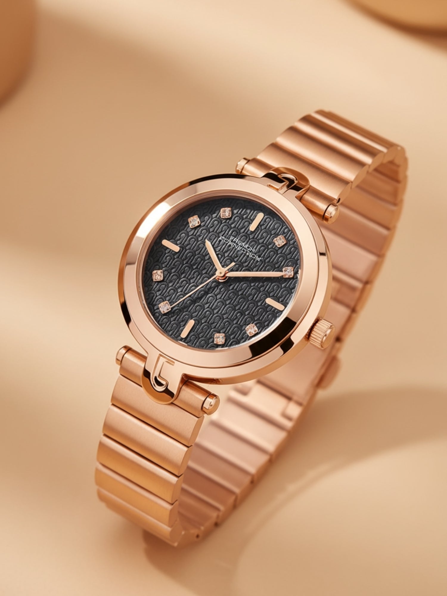 French Connection Textured Black Round Dial With Rose Stainless Steel Strap Watch - For Womens FCH25RGM-B