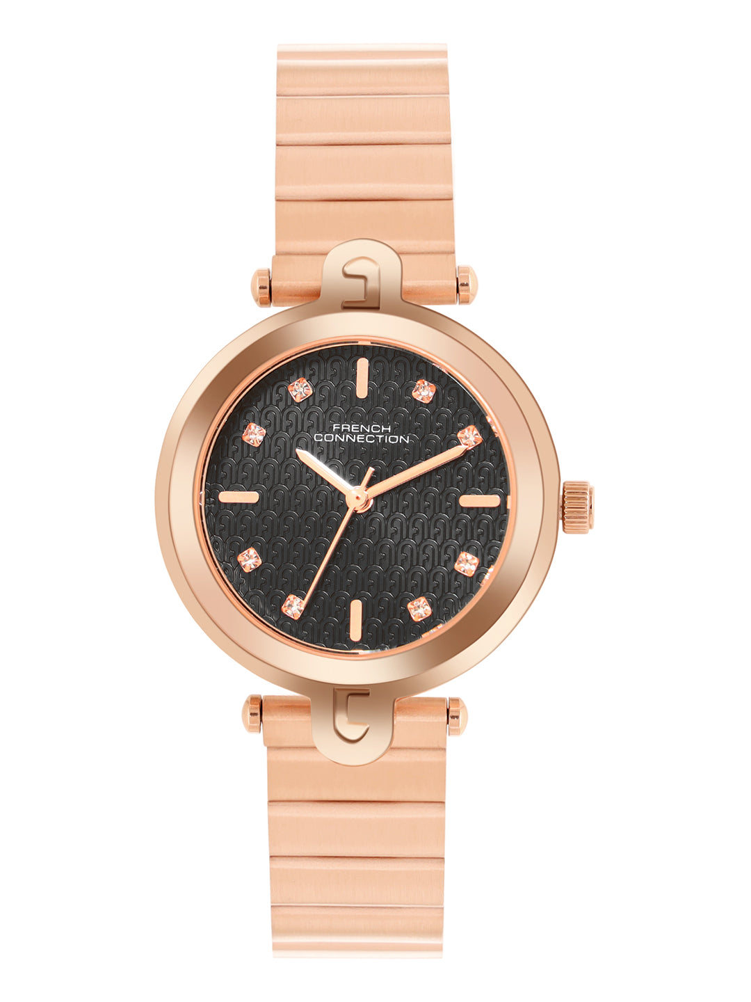 French Connection Textured Black Round Dial With Rose Stainless Steel Strap Watch - For Womens FCH25RGM-B