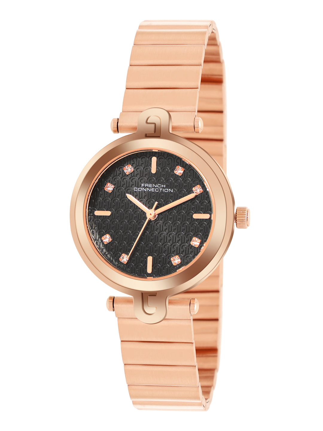French Connection Textured Black Round Dial With Rose Stainless Steel Strap Watch - For Womens FCH25RGM-B