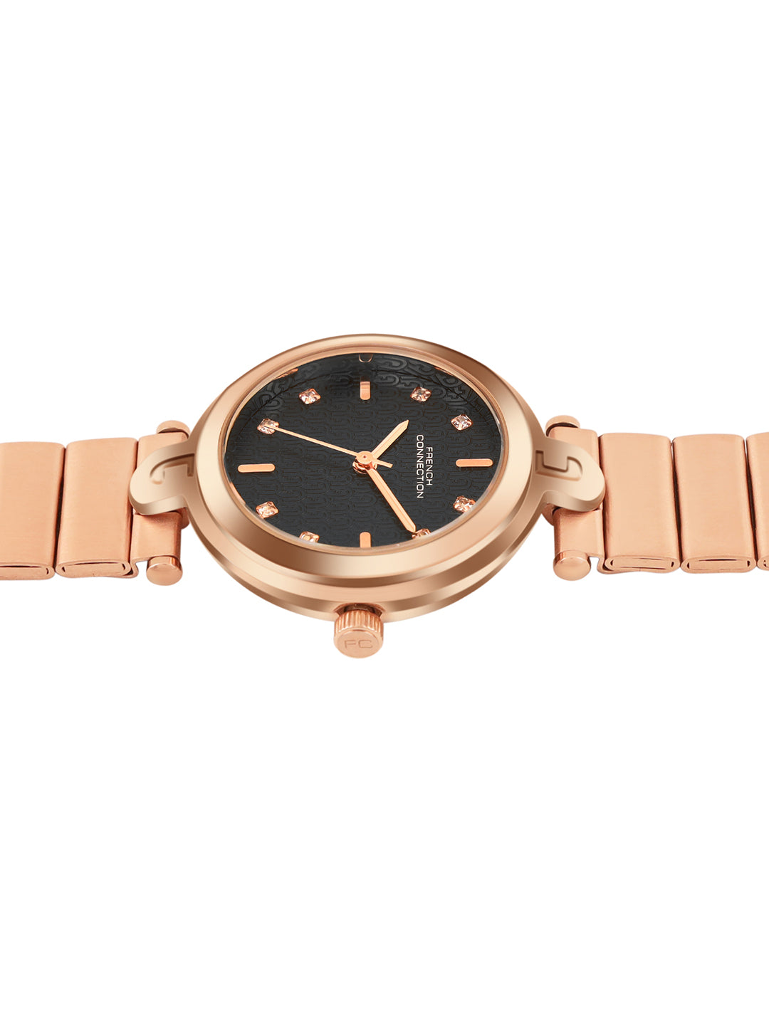 French Connection Textured Black Round Dial With Rose Stainless Steel Strap Watch - For Womens FCH25RGM-B