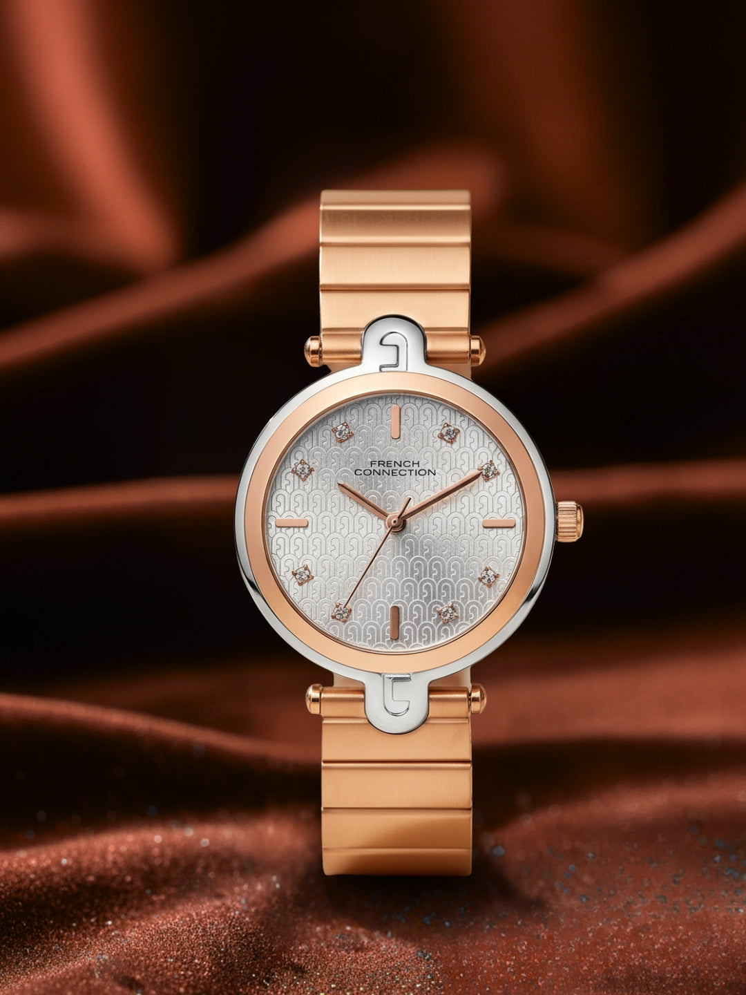 French Connection Textured Silver Round Dial With Rose Stainless Steel Strap Watch - For Womens FCH25RGM