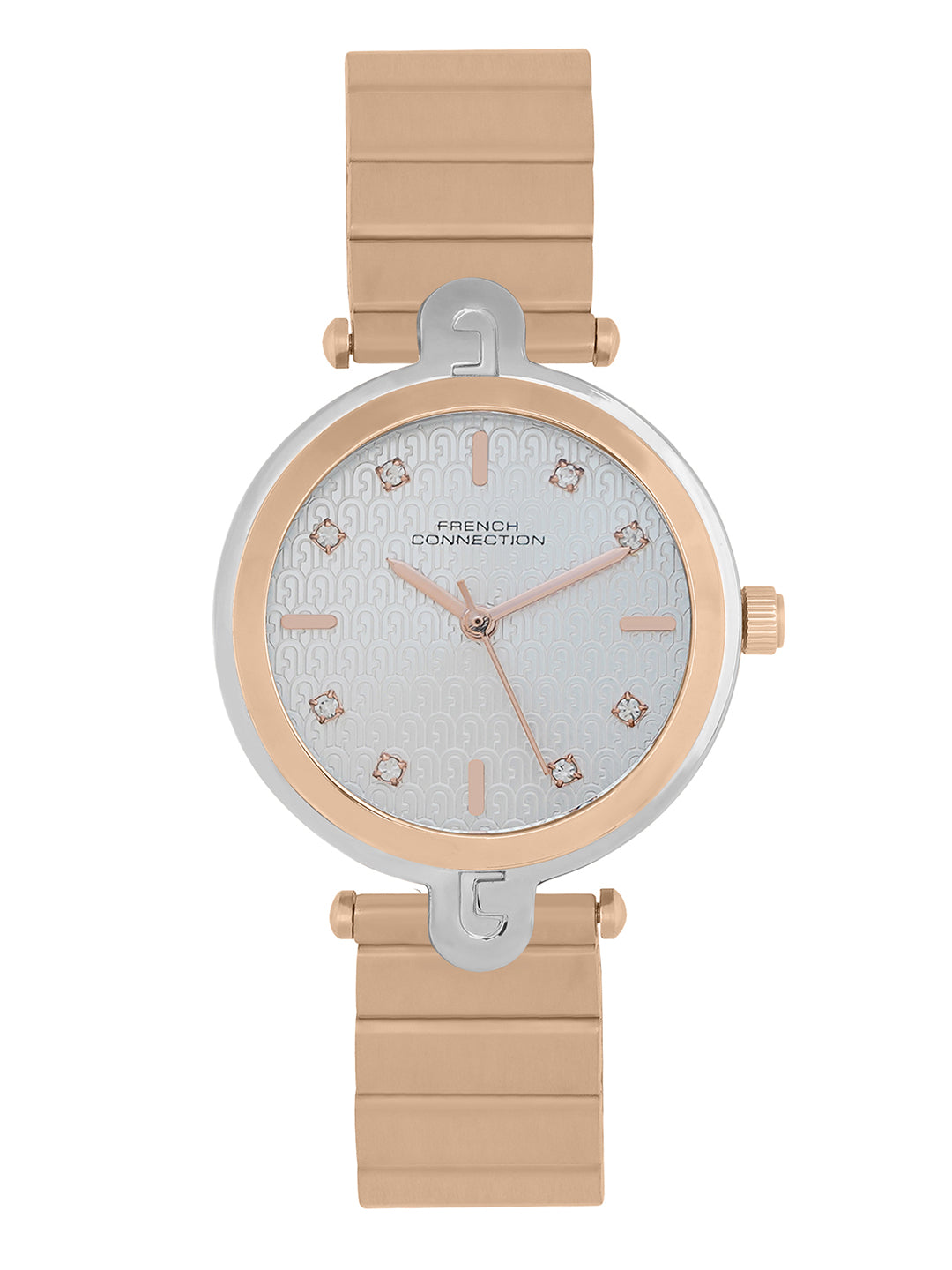 French Connection Textured Silver Round Dial With Rose Stainless Steel  Strap Watch - For Womens FCH25RGM