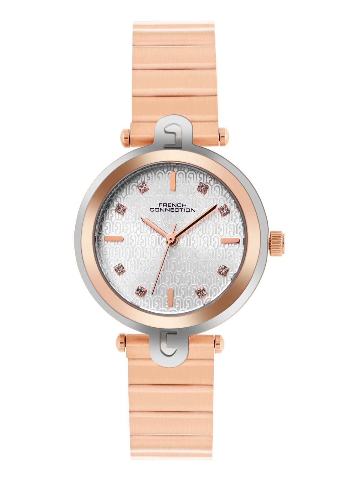 French Connection Textured Silver Round Dial With Rose Stainless Steel Strap Watch - For Womens FCH25RGM