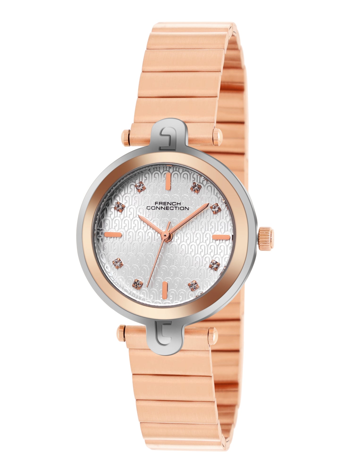 French Connection Textured Silver Round Dial With Rose Stainless Steel Strap Watch - For Womens FCH25RGM