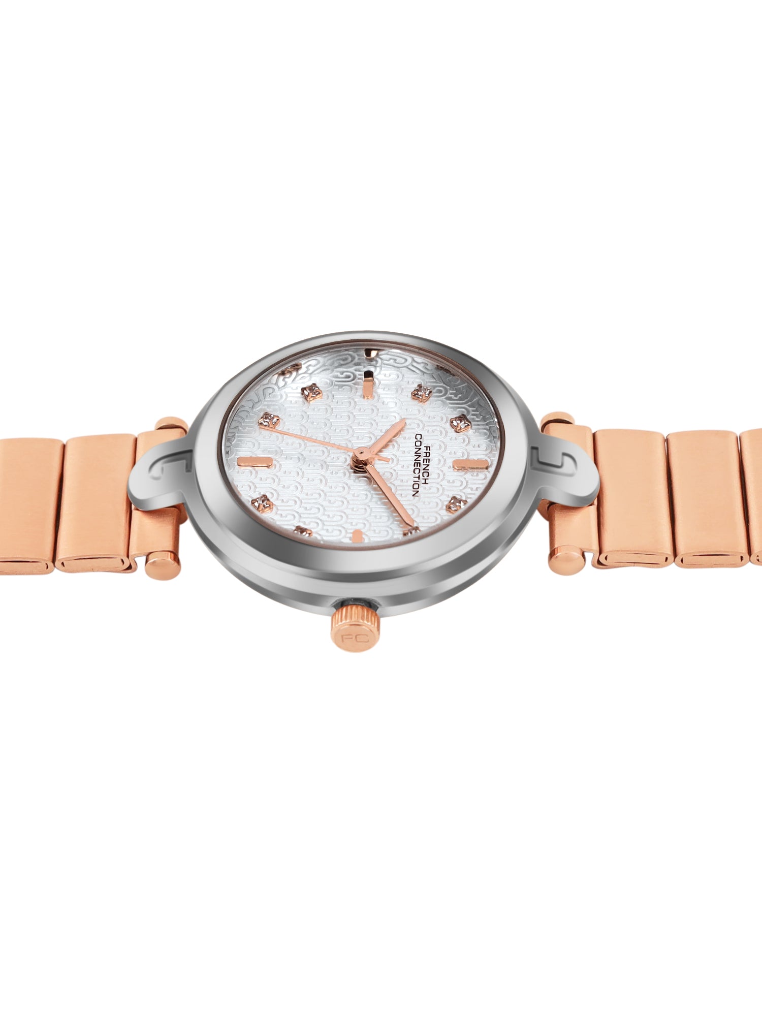 French Connection Textured Silver Round Dial With Rose Stainless Steel Strap Watch - For Womens FCH25RGM