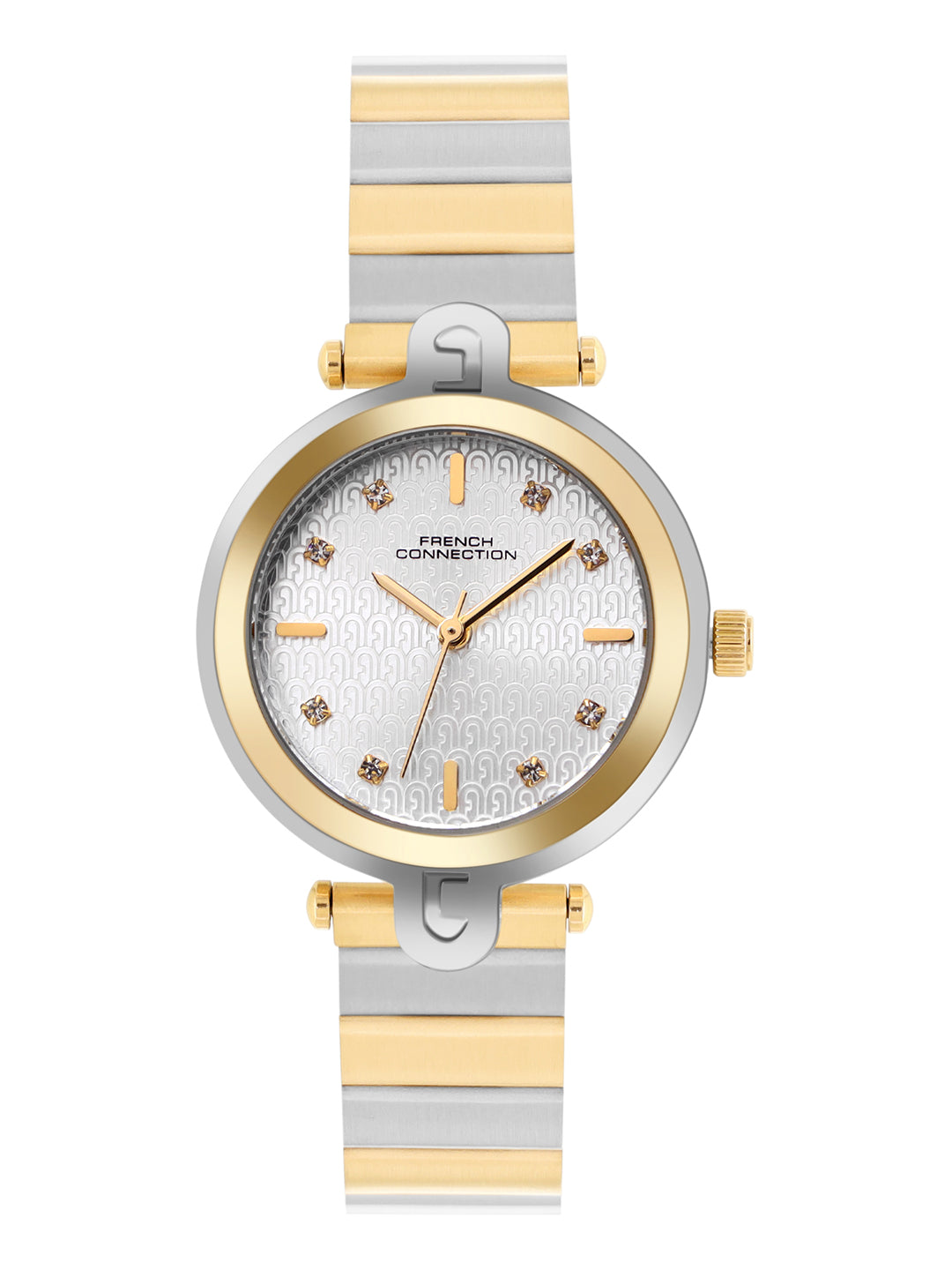 French Connection Textured Silver Round Dial With Gold Two Tone Stainless Steel Strap Watch - For Womens FCH25TM