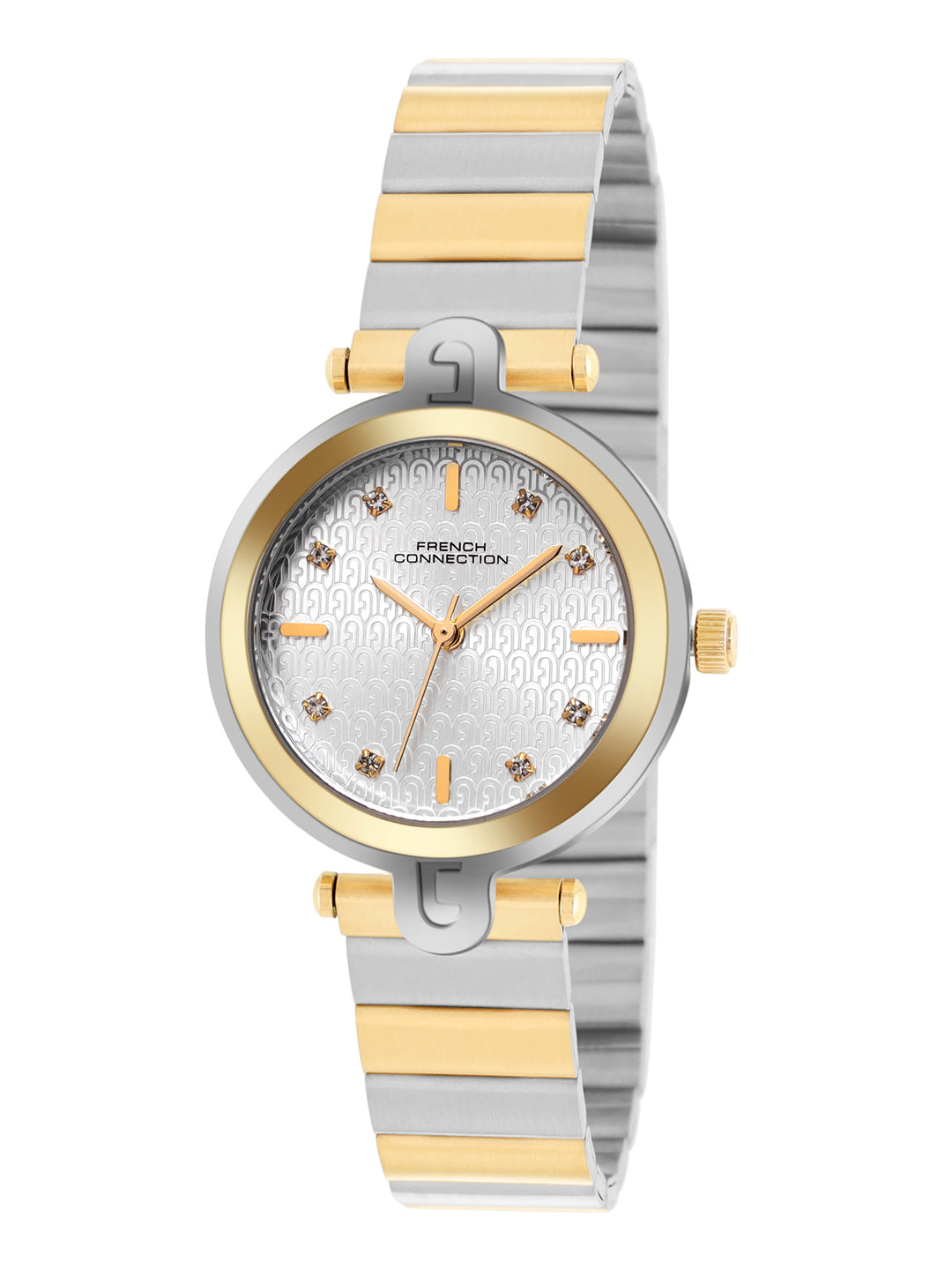 French Connection Textured Silver Round Dial With Gold Two Tone Stainless Steel Strap Watch - For Womens FCH25TM