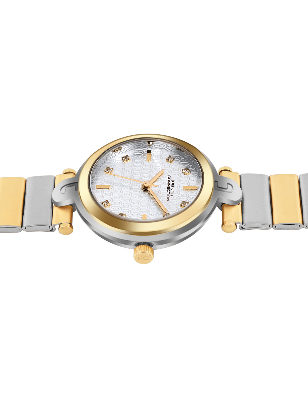 French Connection Textured Silver Round Dial With Gold Two Tone Stainless Steel Strap Watch - For Womens FCH25TM