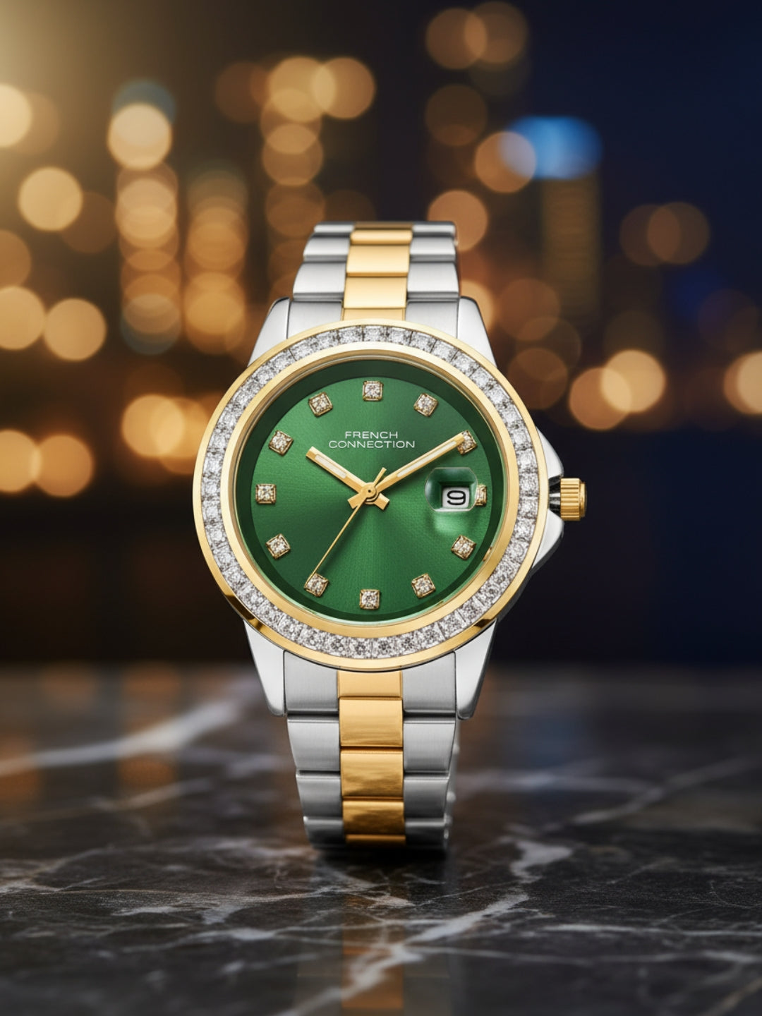 French Connection Sunray Green Round Dial With Gold Two Tone Stainless Steel Strap Watch - For Womens FCH26NTM