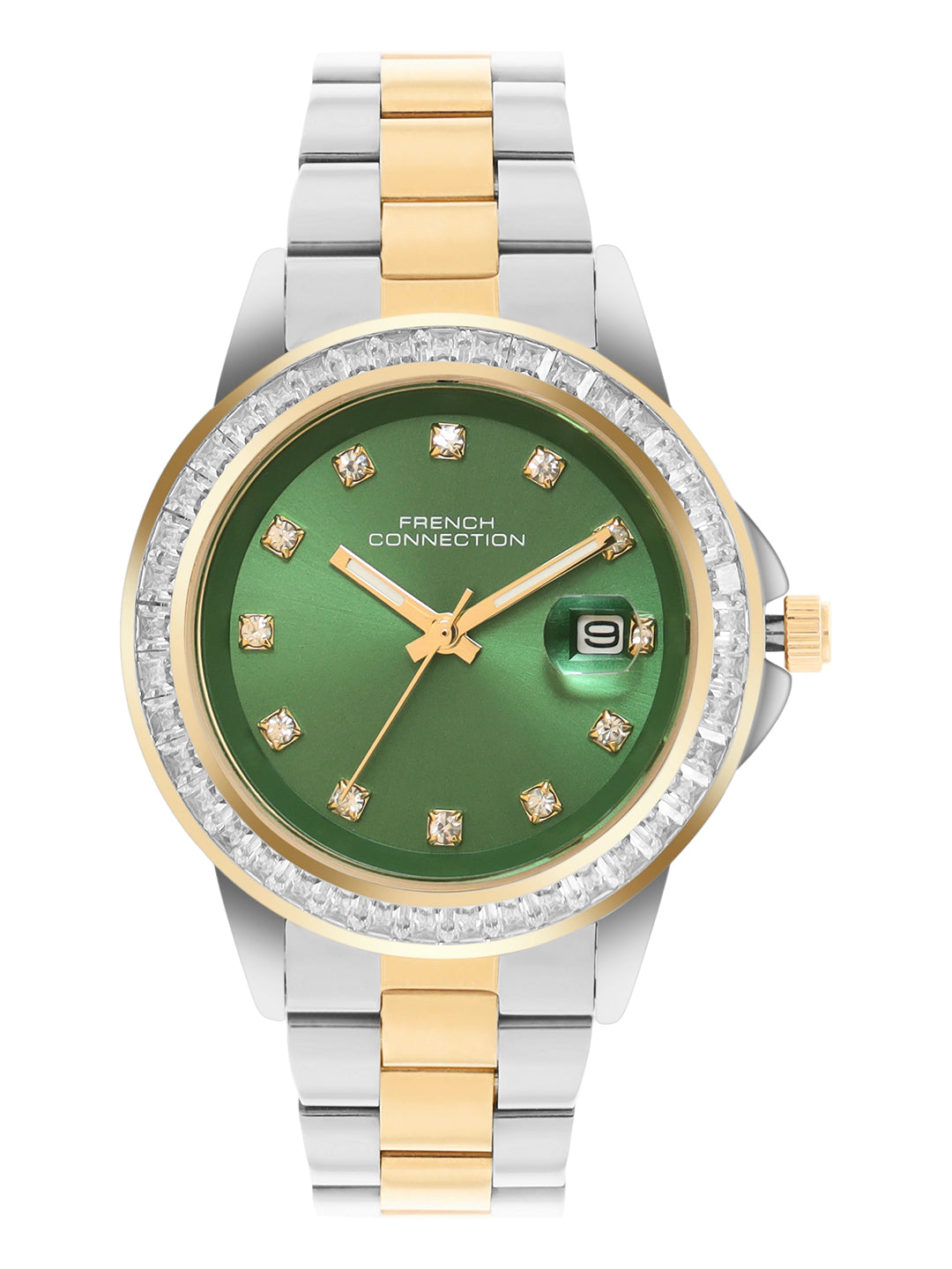 French Connection Sunray Green Round Dial With Gold Two Tone Stainless Steel Strap Watch - For Womens FCH26NTM