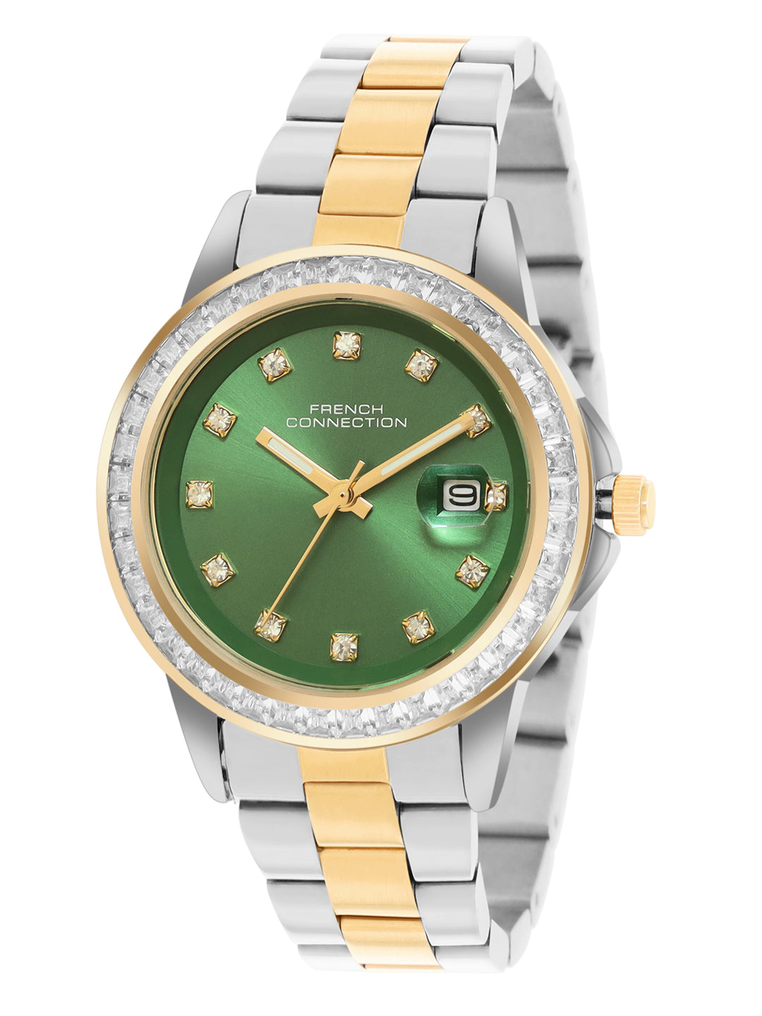 French Connection Sunray Green Round Dial With Gold Two Tone Stainless Steel Strap Watch - For Womens FCH26NTM