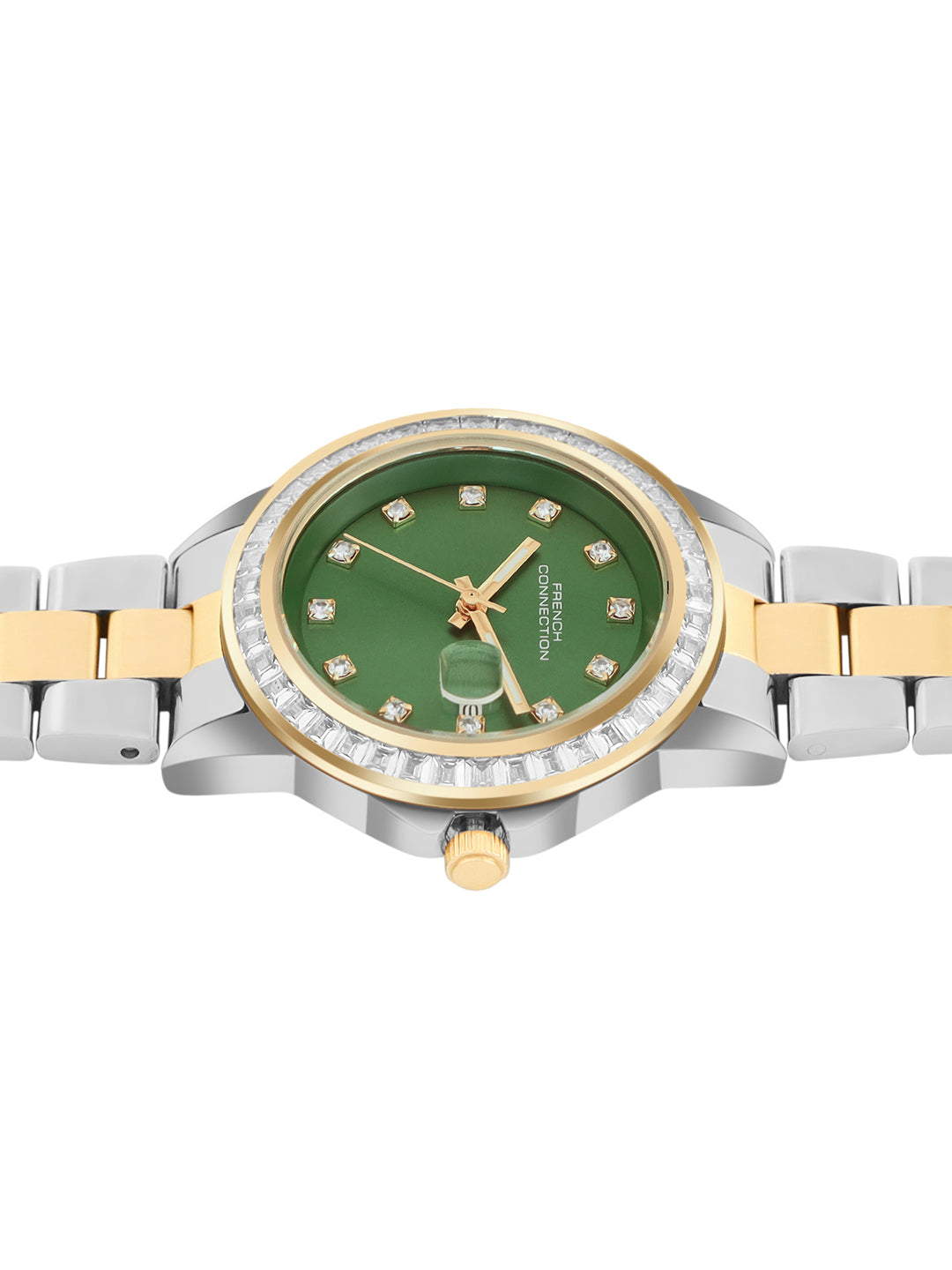French Connection Sunray Green Round Dial With Gold Two Tone Stainless Steel Strap Watch - For Womens FCH26NTM