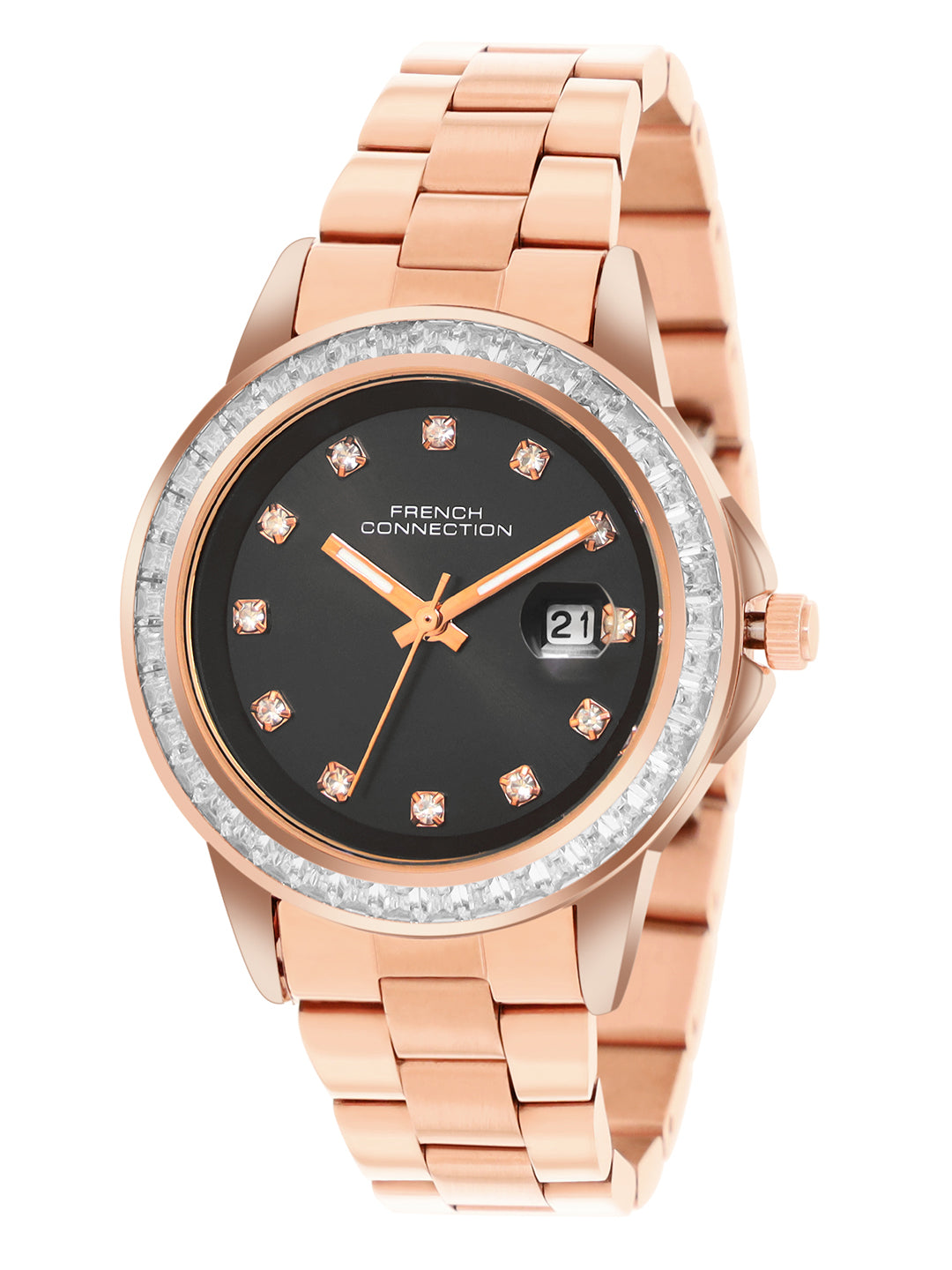 French Connection Sunray Black Round Dial With Rose Stainless Steel Strap Watch - For Womens FCH26RGM
