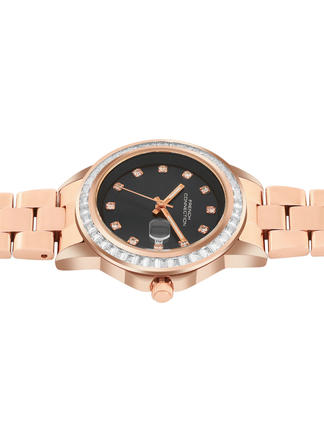 French Connection Sunray Black Round Dial With Rose Stainless Steel Strap Watch - For Womens FCH26RGM